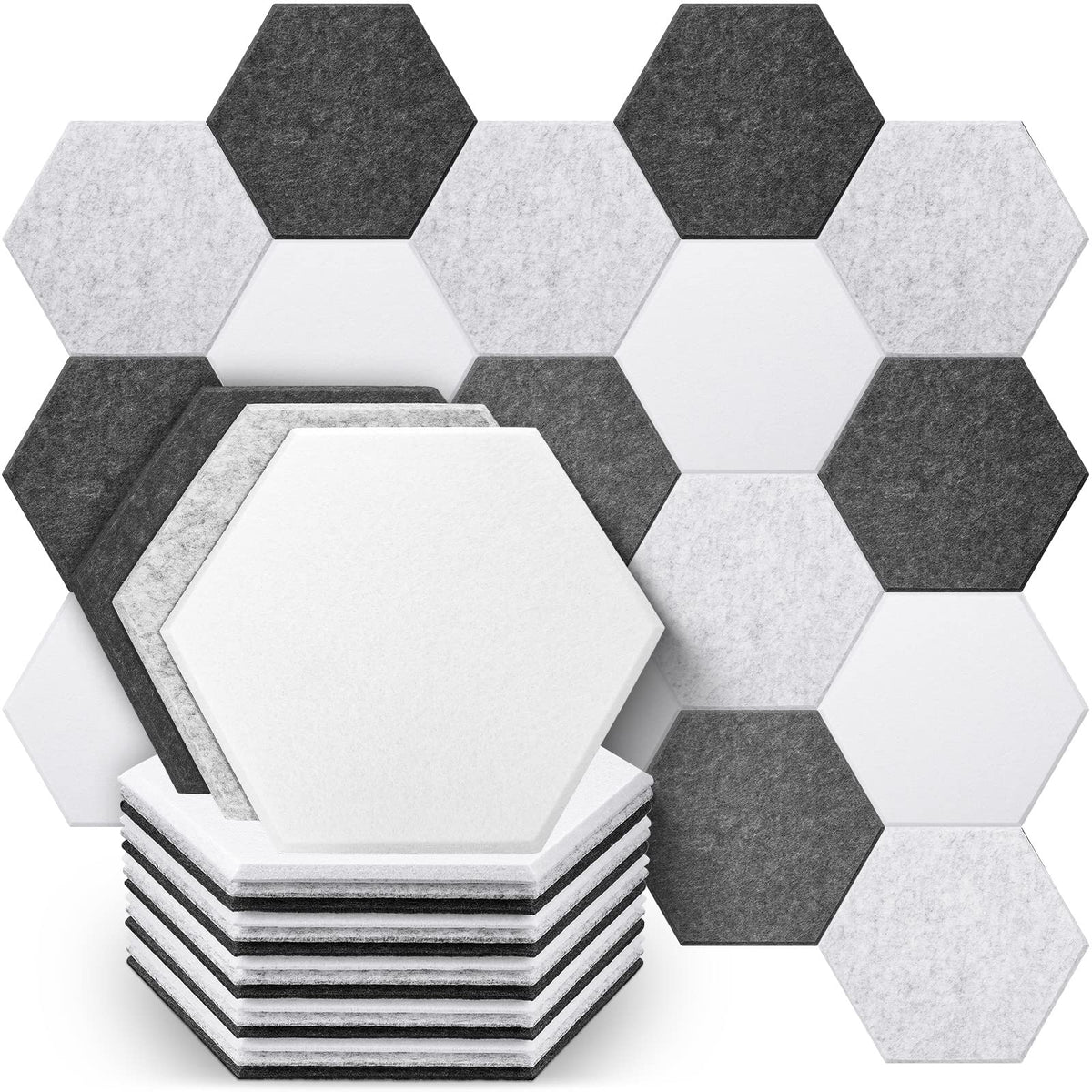 Drydiet 18 Pieces Hexagon Acoustic Panels Felt Sound Proofing Padding Beveled Edge Flame Retardant, 14 X 12 X 0.4 Inch High Dens