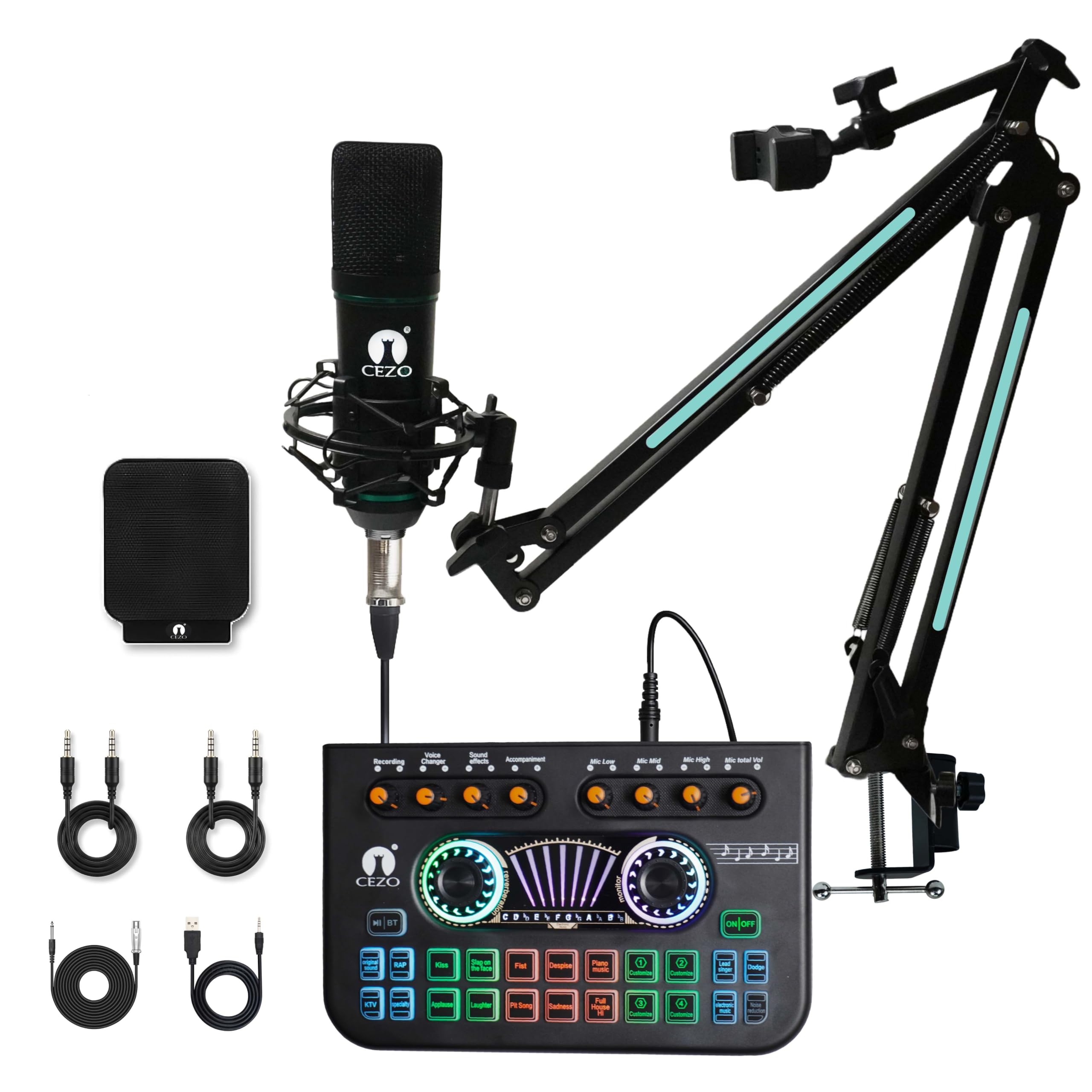 Cezo Professional Condenser Microphone With X3 Sound Card | Condeser Mic Set With Pop Shield |Live Sound Card| Rgb Boom Arm Stan