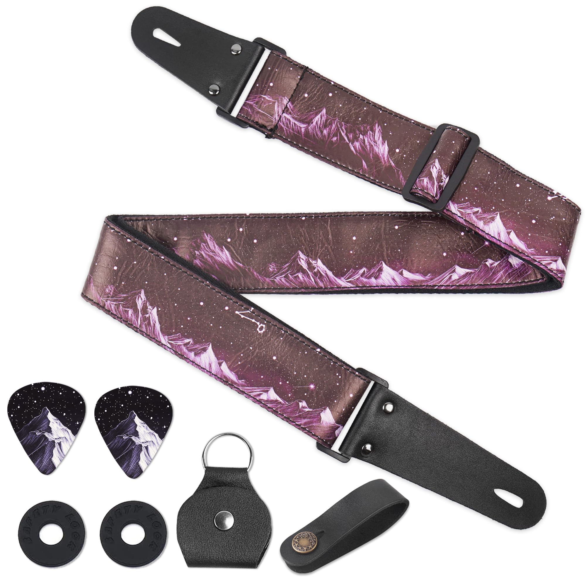 Qielizi Adjustable Guitar Strap Includes 2 Strap Locks & 2 Matching Picks & 1 Picks Holder & 1 Leather Strap Button.Leather Ends