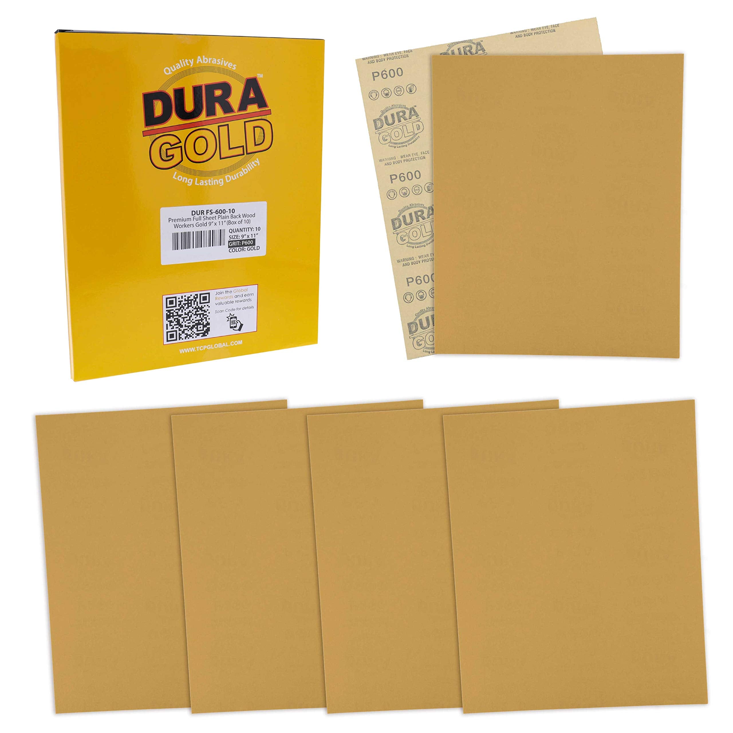 Dura-Gold Premium 9 X 11 Gold Sandpaper Sheets, 600 Grit (Box Of 10) - Wood Furniture Woodworking, Automotive Paint, Full-Size C