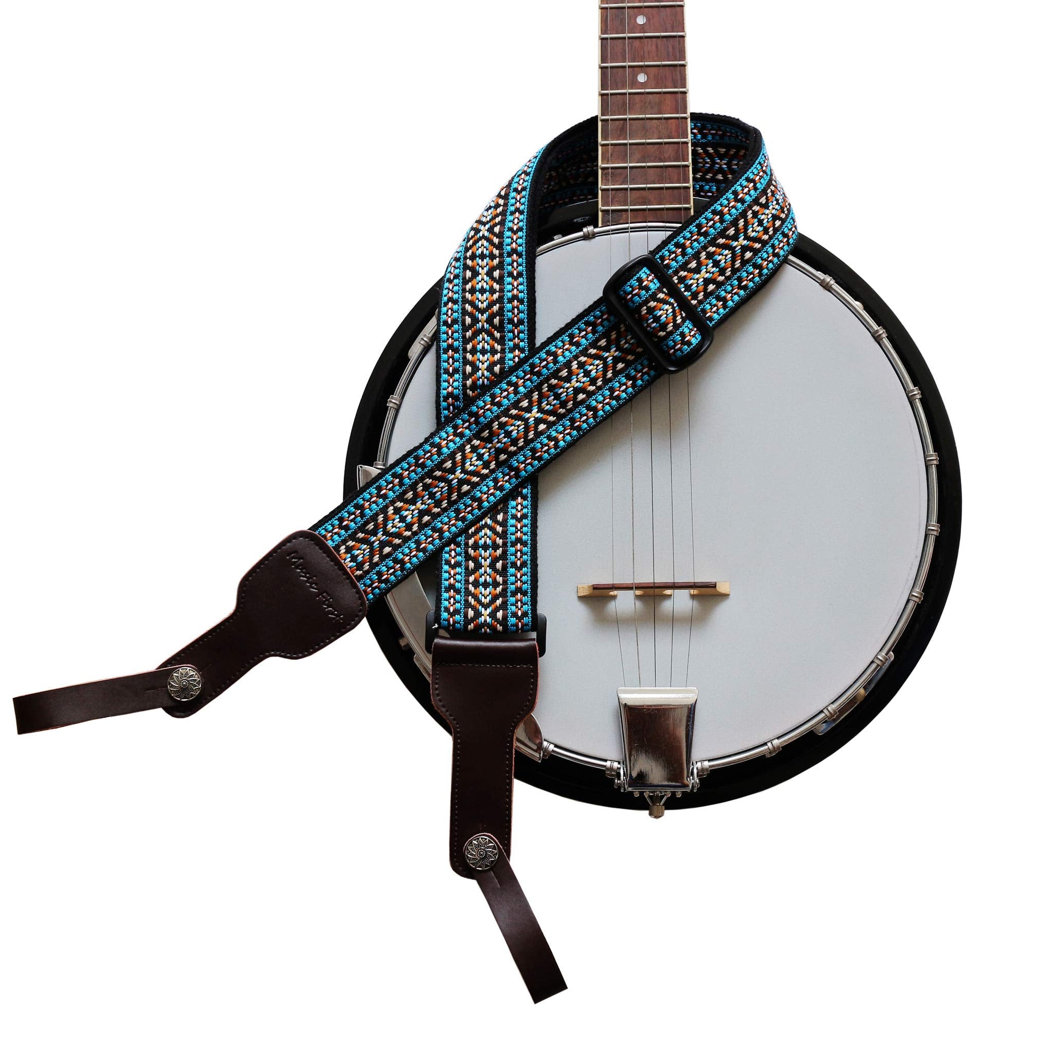 MUSIC FIRST Original Design, 2 inch width (5cm), Colorful Meshbelt & Genuine Leather Delux Banjo Strap, With 2 pieces of MUSIC F