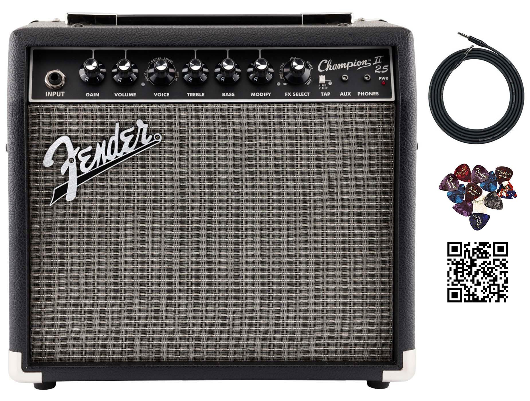 Fender Champion Ii 25 Watt Guitar Combo Amplifier Bundle With Cable, Austin Bazaar Exclusive 12-Pack Picks, And Instructional Vi