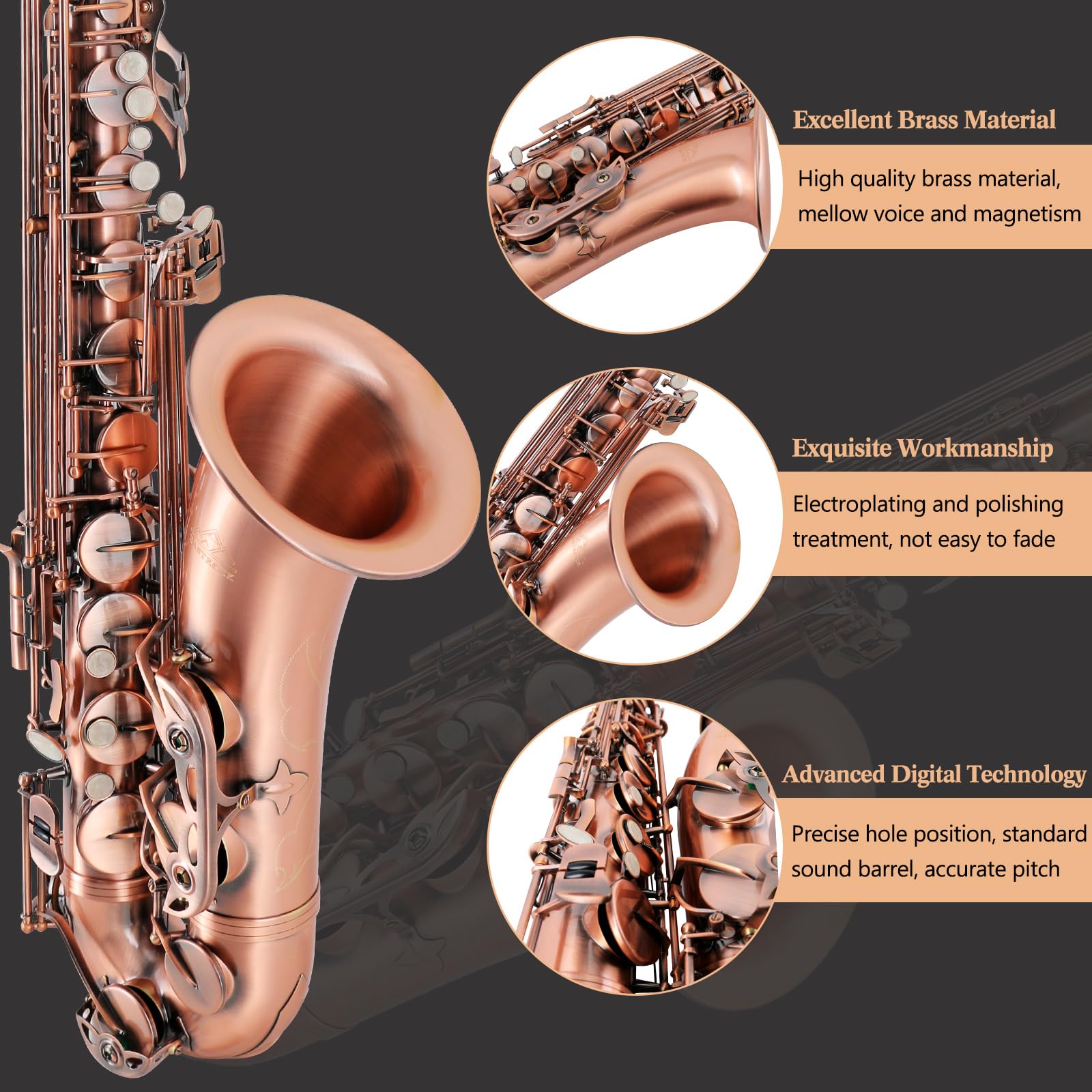 EASTROCK Tenor Saxophone, Red Antique Copper, B Flat, Professional, with Carrying Case, Mouthpiece, Reeds, Cleaning Kit, Neck St