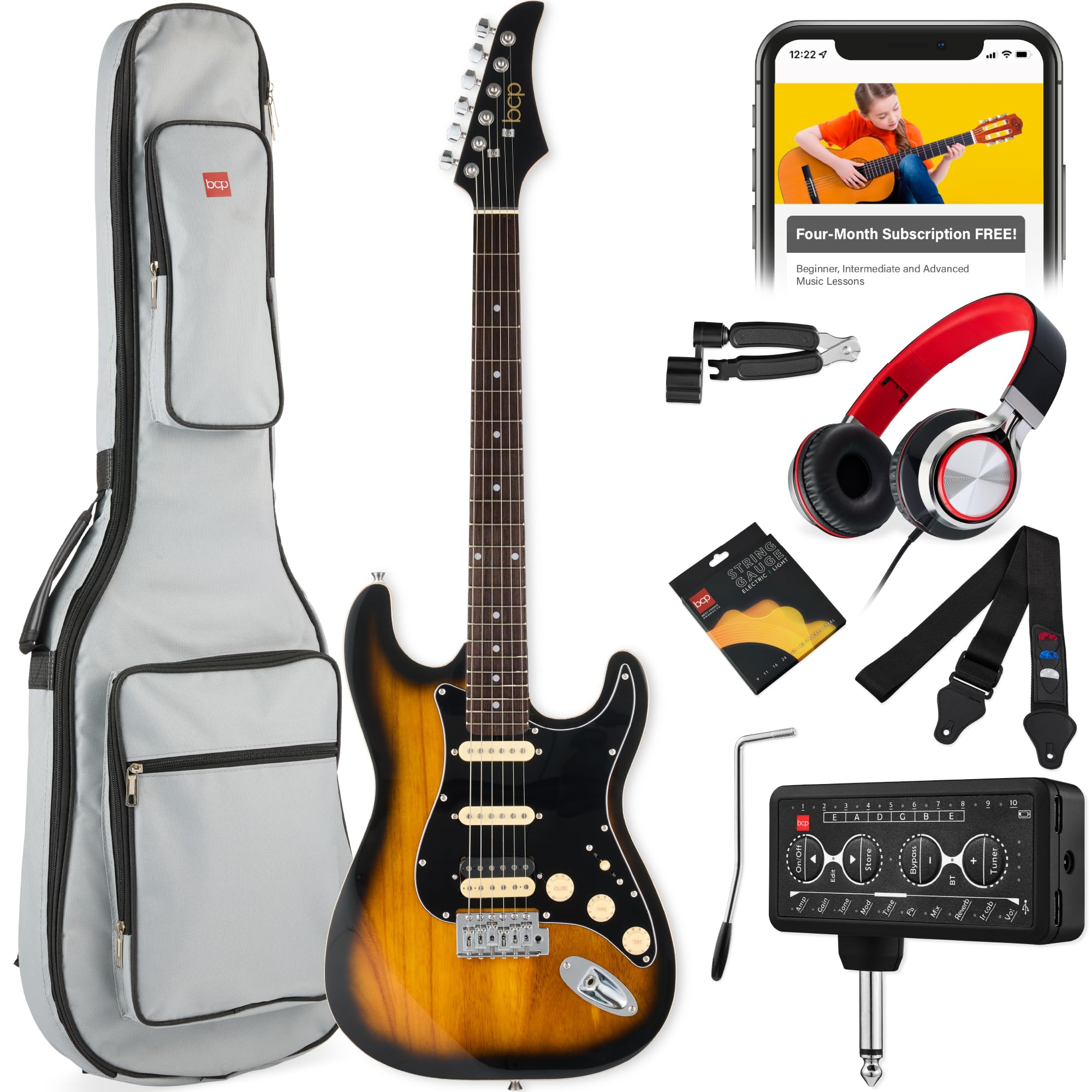 Best Choice Products Beginner HSS Electric Guitar Kit w/Headphone Amp, Padded Gig-Bag, Headphones, Guitar Strap - Sunburst/Black