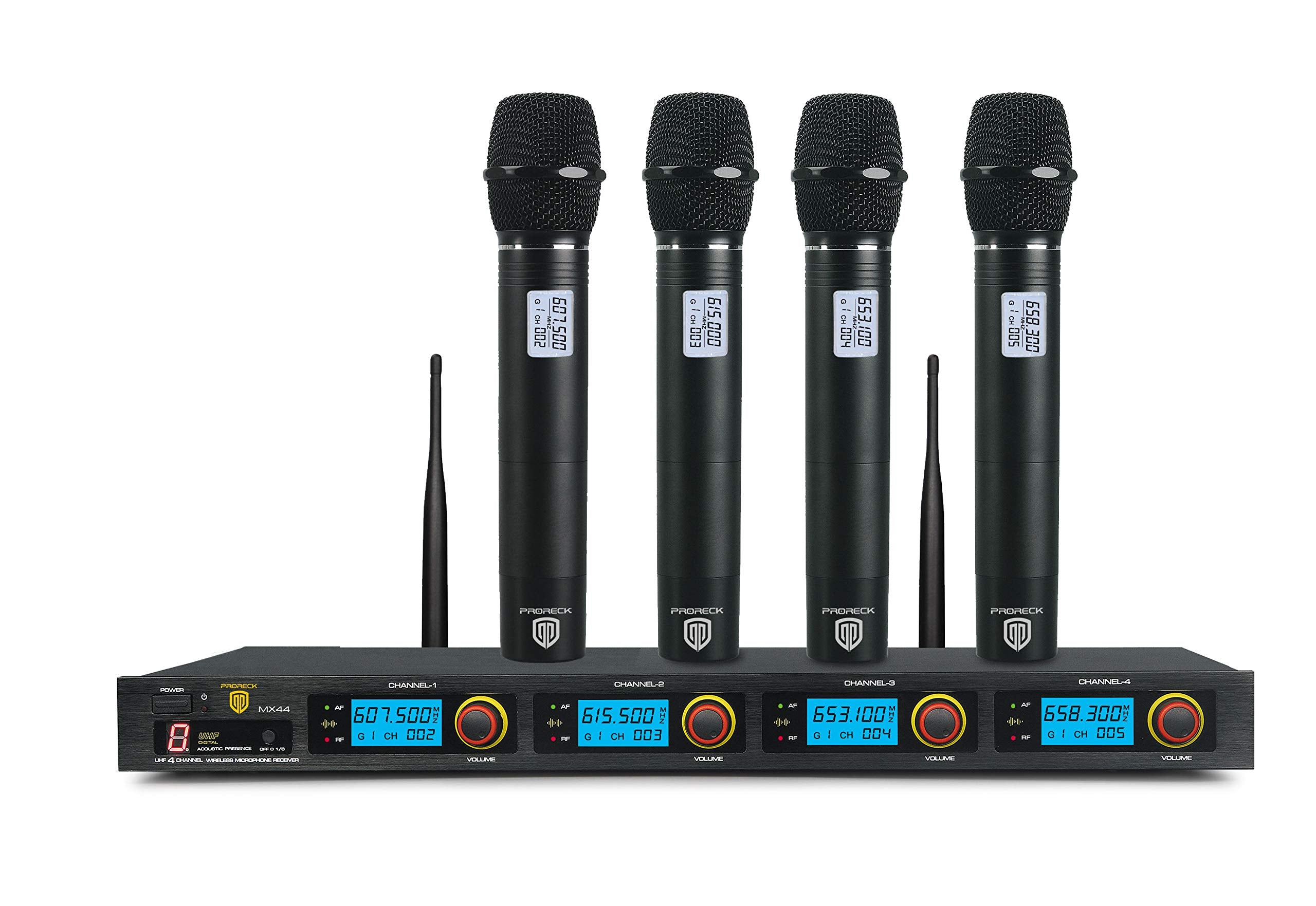 Proreck Mx44 4-Channel Uhf Wireless Microphone System With 4 Hand-Held Microphones Karaoke Machine For Party/Wedding/Church/Conf