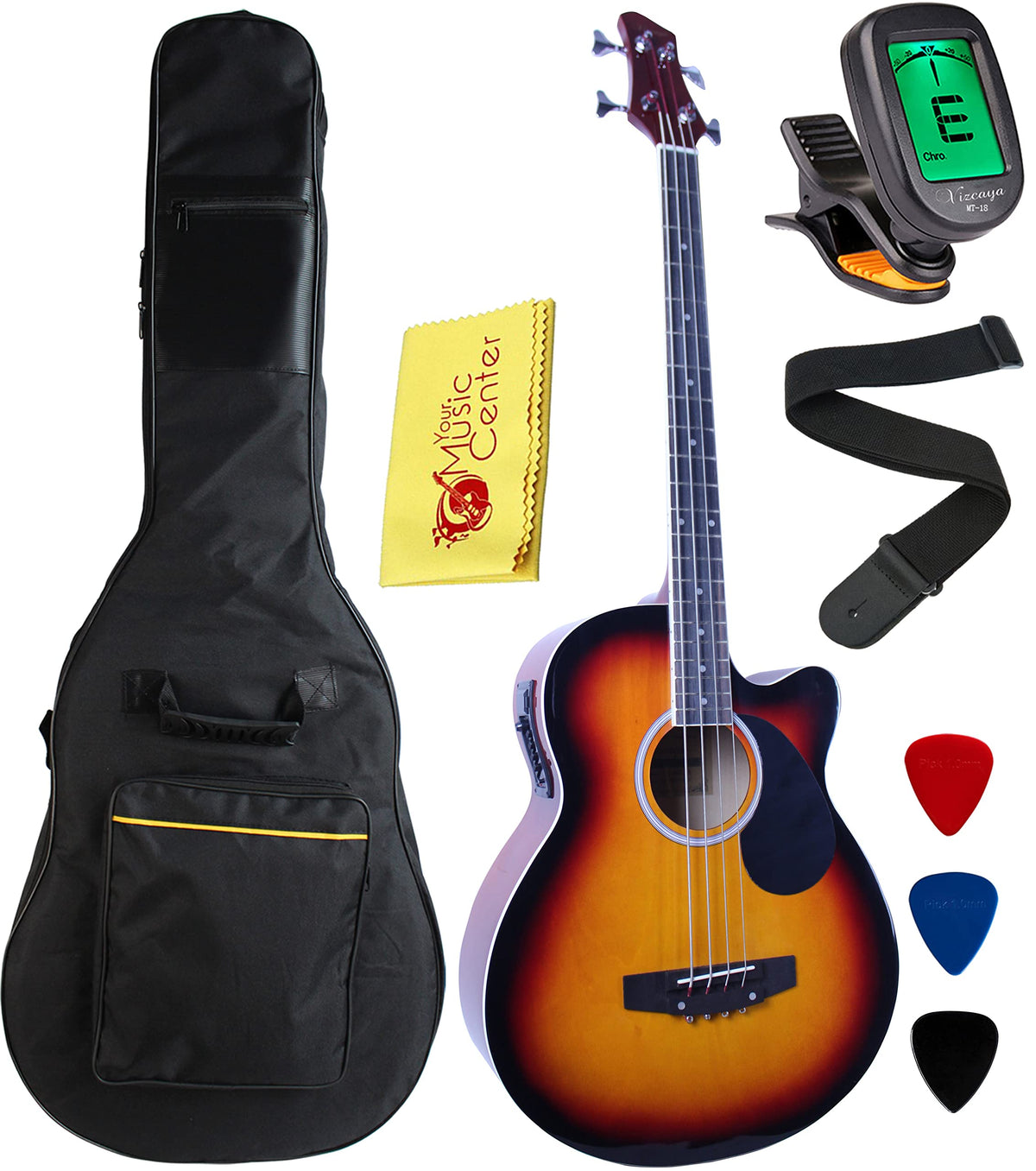 Ymc 4 Strings Cutaway Acoustic-Electric Bass Guitar With 4-Band Equalizer, Adjustable Truss Rod,Gig Bag,Strap,Picks- (Sunburst)
