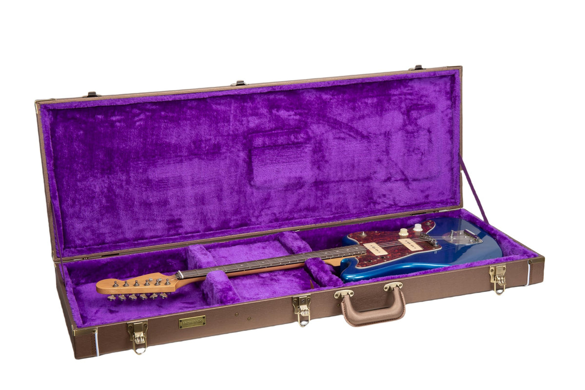 Crossrock Rectangular Wooden Electric Guitar Case For Jazzmaster & Jaguar | Chocolate Brown Finish, Purple Velvet Interior, Lock