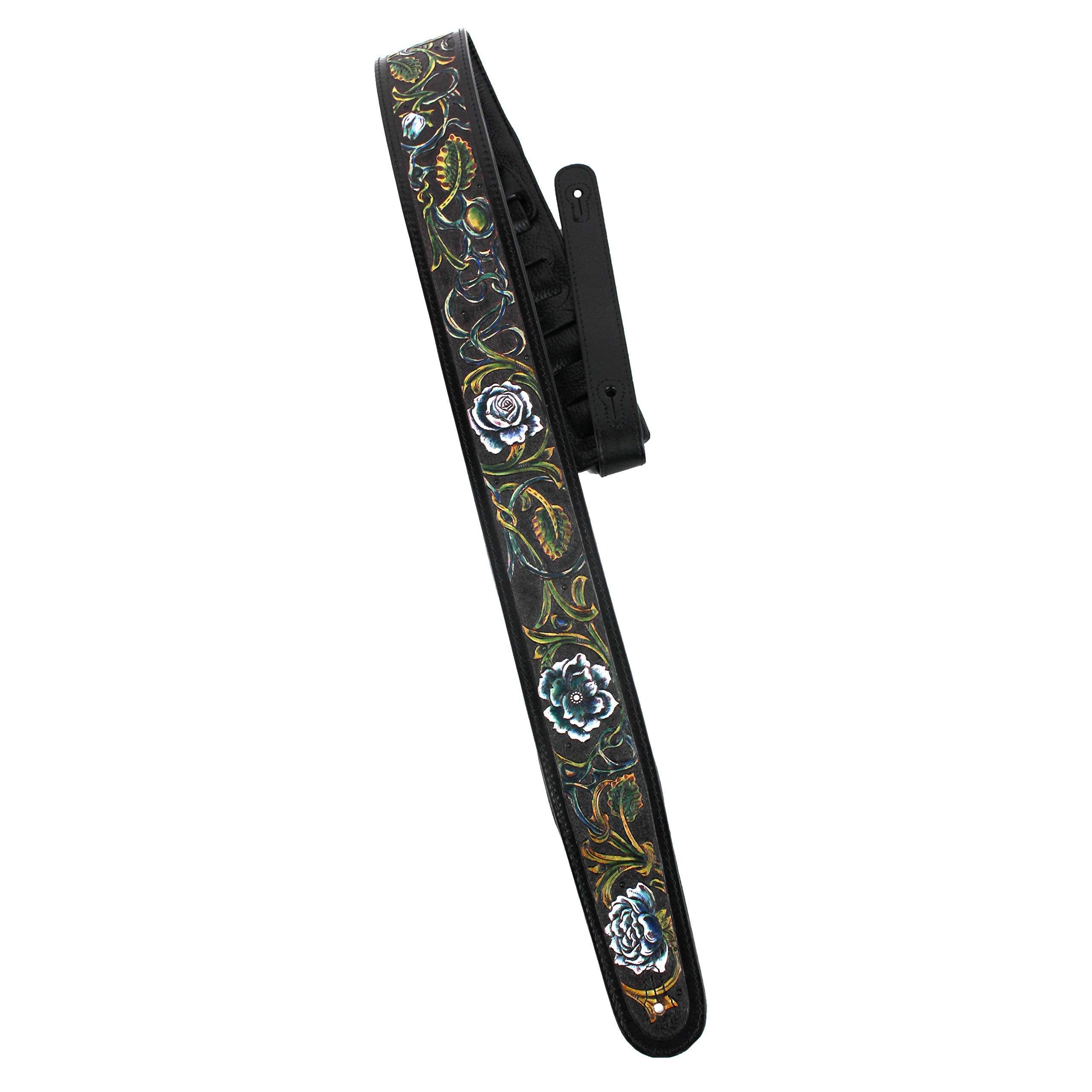 Walker And Williams LHR-13 Handmade Black Premium Carved Leather Guitar Strap With Prussian Blue And White Western Floral Carvin