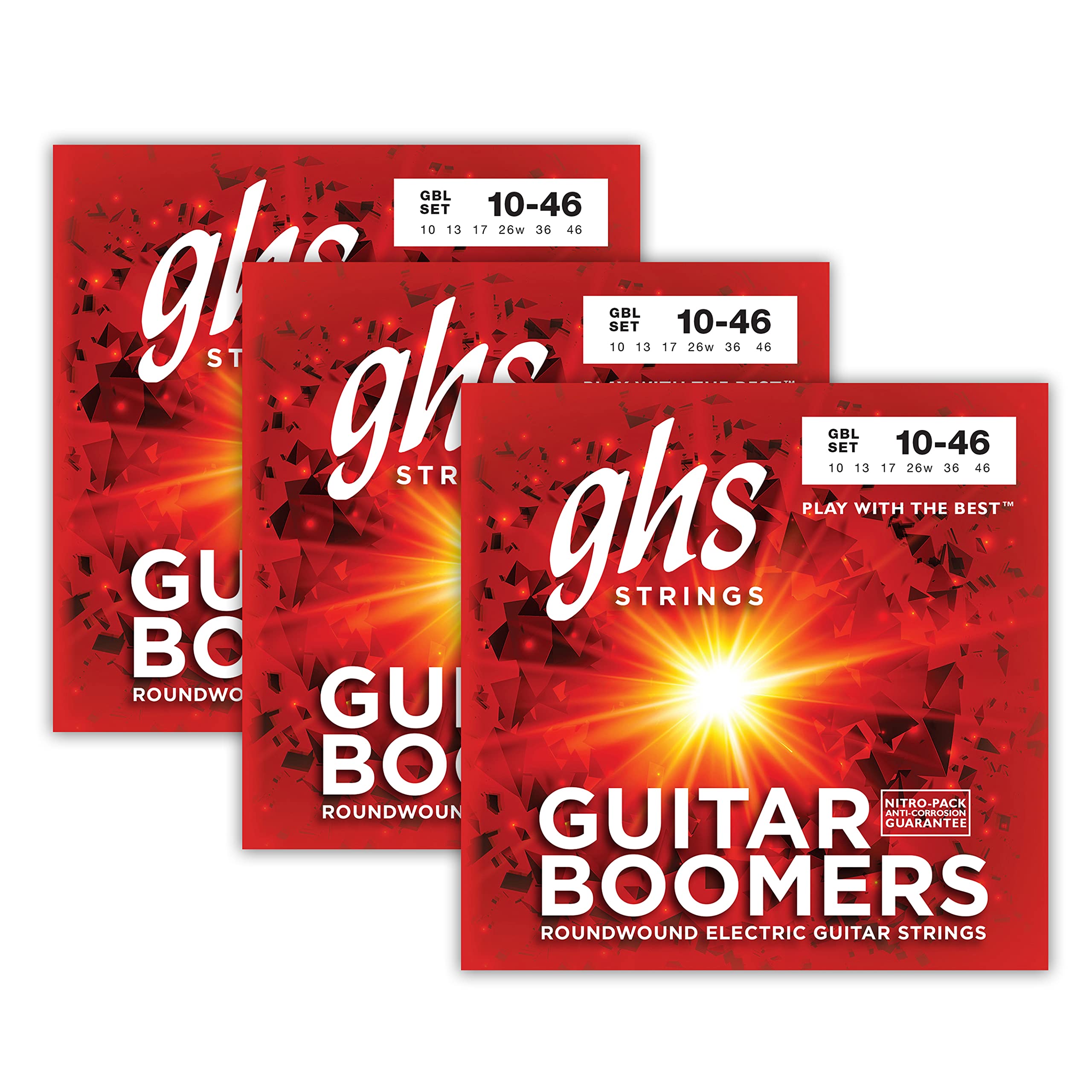 Ghs Strings Gbl Guitar Boomers, Nickel-Plated Electric Guitar Strings, Light (10-46), Pack Of 3