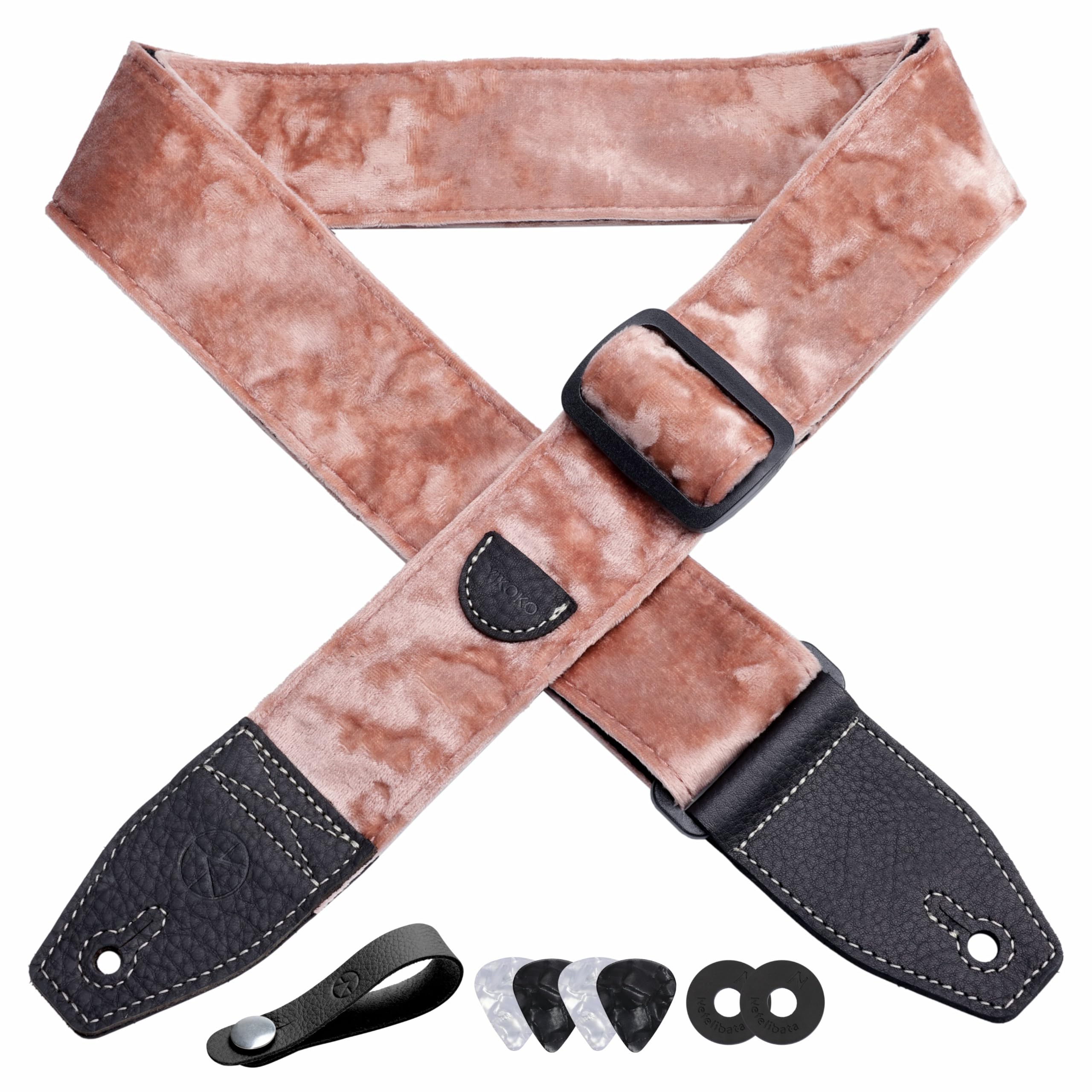 Yikoko Guitar Strap 2 Inch Velvet Guitar Straps With Full Grain Leather End, For Bass Electric And Acoustic Guitars, Free Strap