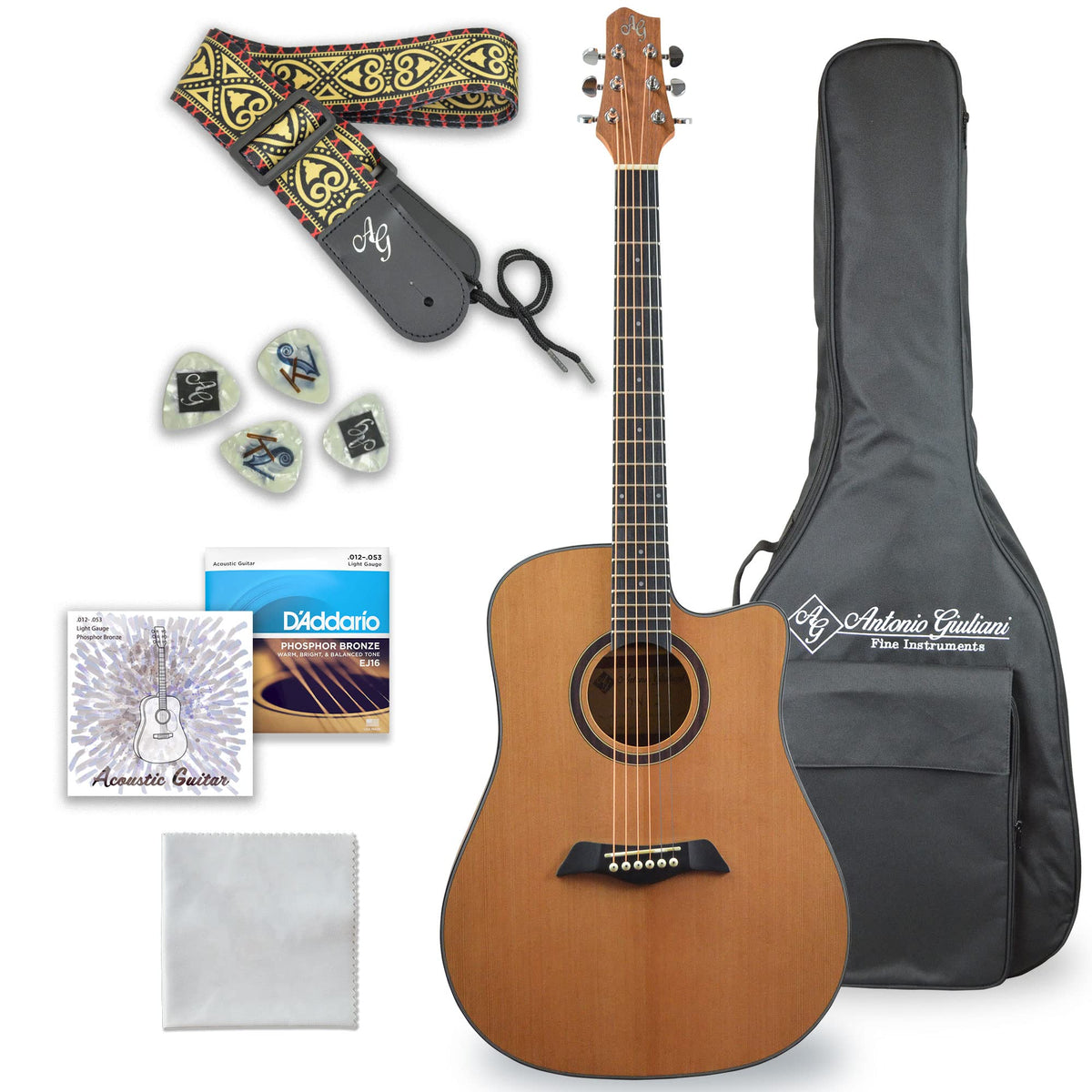 Antonio Giuliani Acoustic Guitar Bundle (Dn-2) - Dreadnought Guitar With Case, Strap, Strings And Accessories