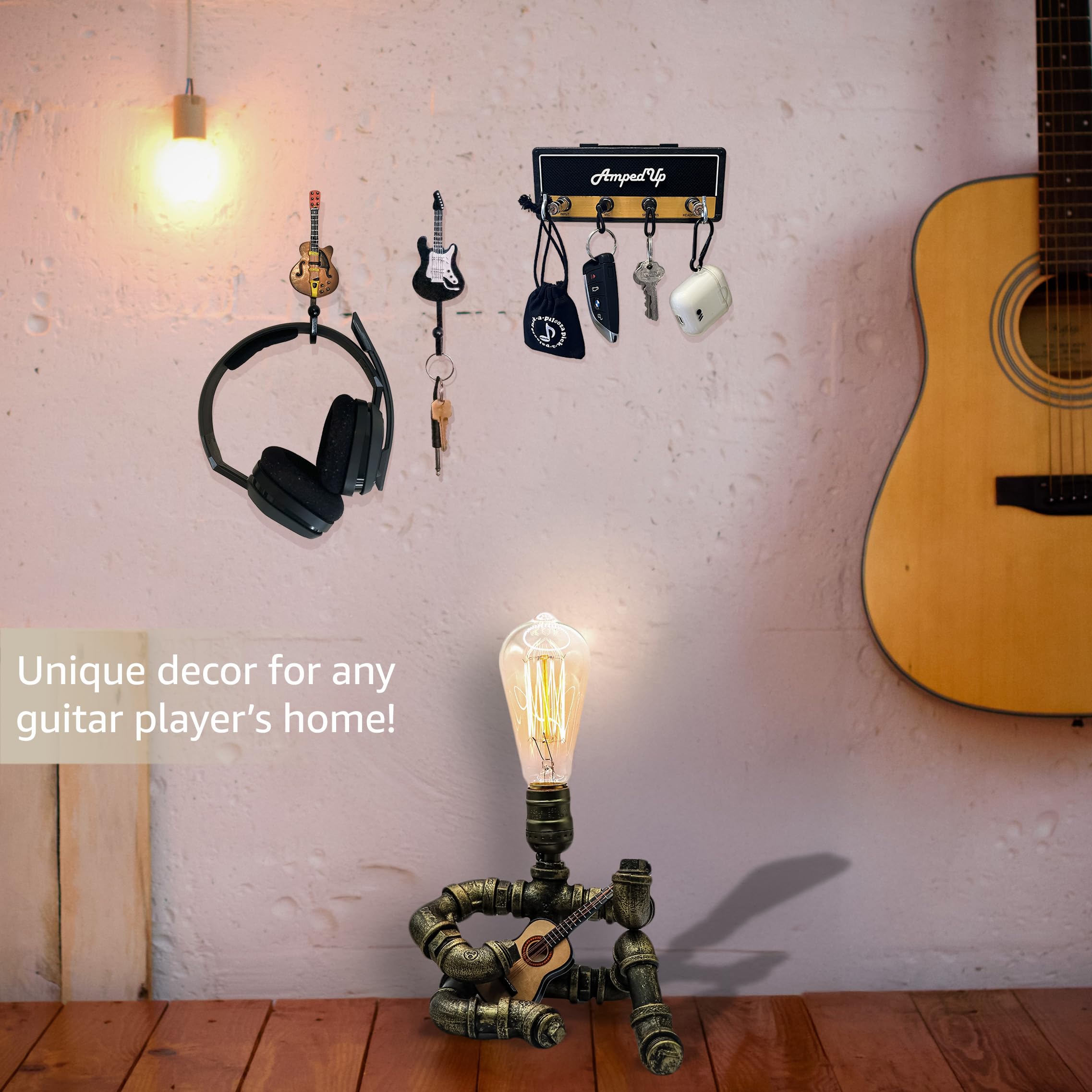 Pick-a-Palooza: Wall Mounted Guitar Amplifier Style Key Hanger and Key Chain Holder, Speaker Style with Acoustic Guitar Coat Hoo