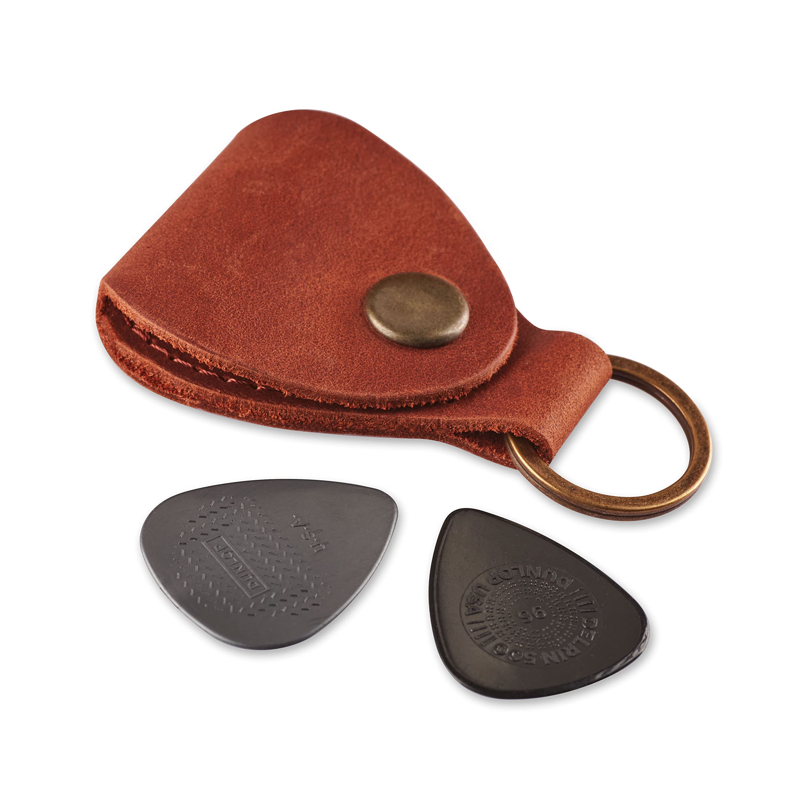 Leather Guitar Pick Holder Keychain, Guitar Pick Holder Case Bag, Plectrum Key Fob Cases Bag, Gift For Guitar Players (Cognac)