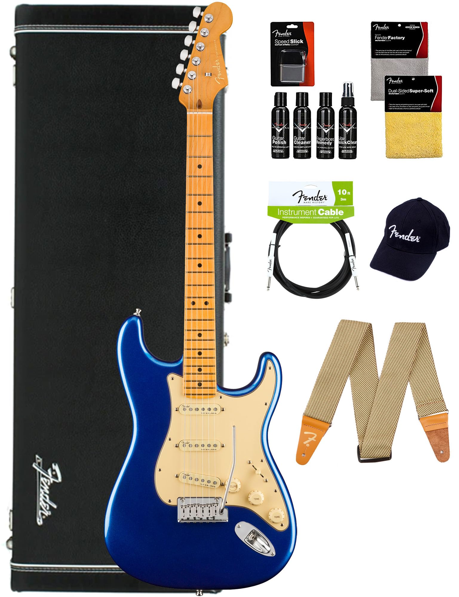 Fender American Ultra Stratocaster - Cobra Blue Bundle With Case, Hat, Strap, Cable, And Guitar Cleaning Kit