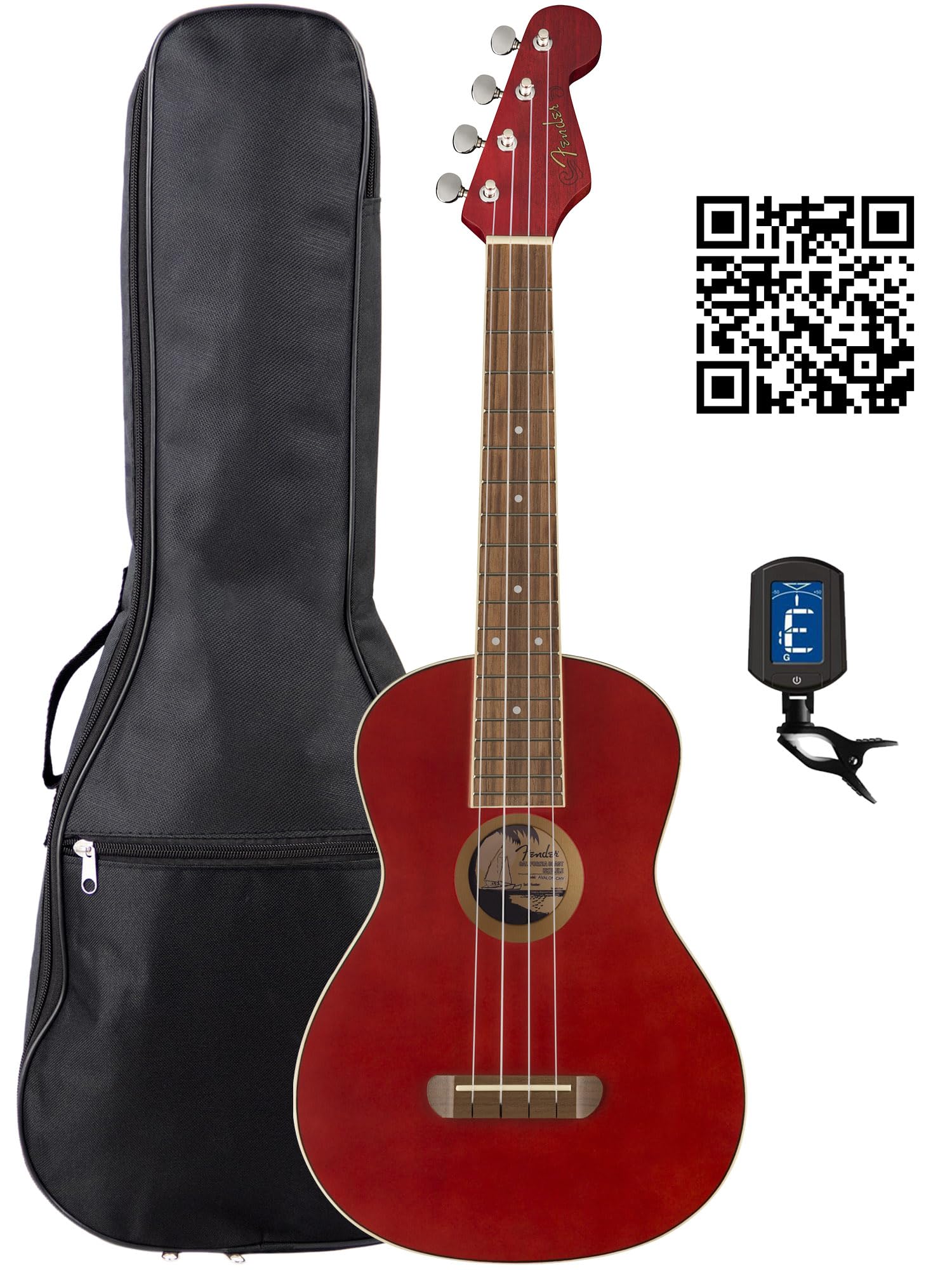 Fender Avalon Tenor Ukulele - Cherry Bundle with Gig Bag, Tuner, and Austin Bazaar Instructional Video