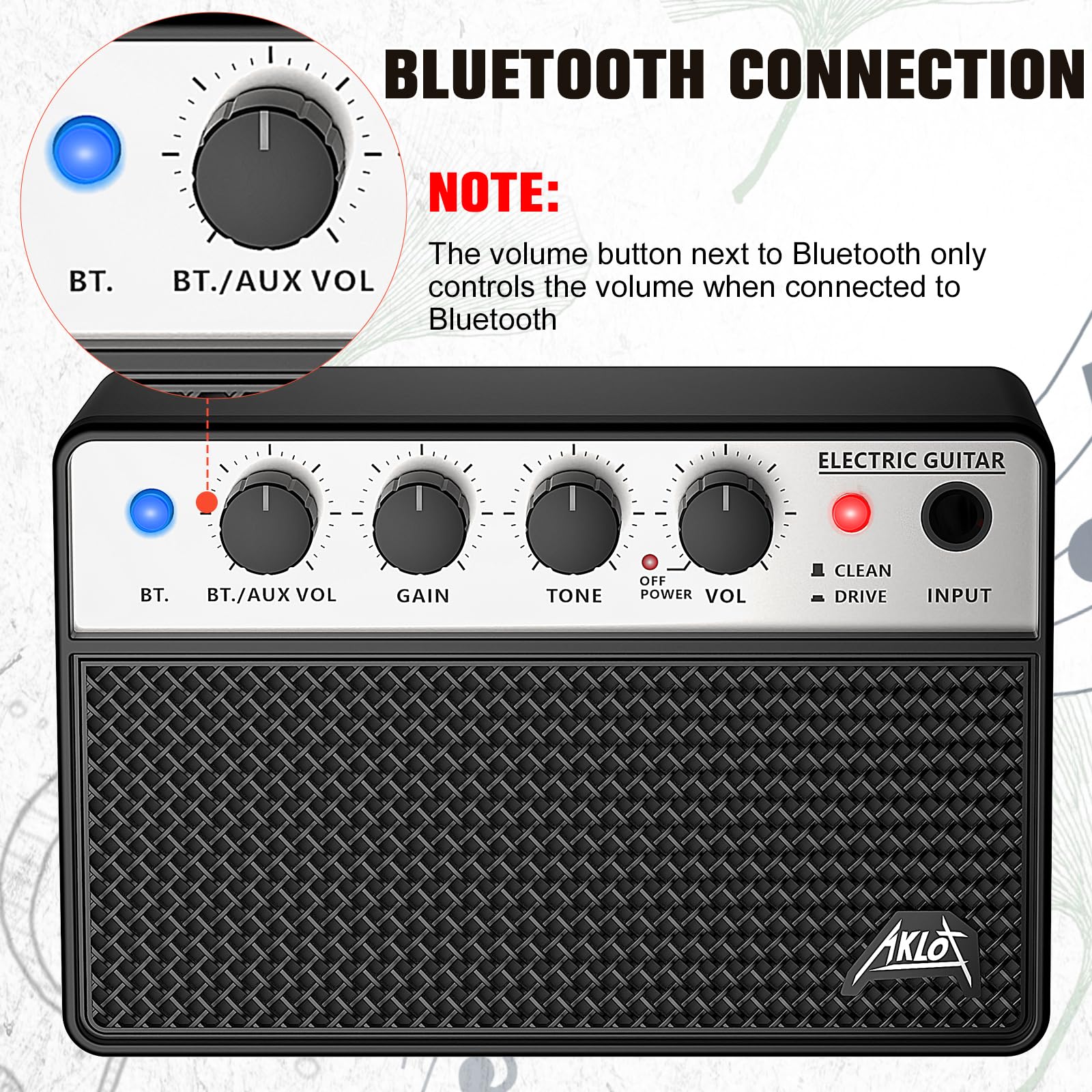 AKLOT Mini Bass Amp Small Bass Guitar Amplifier 10W Portable Recharged Electric Bass Amp BT Speaker with Dual Channel & Aux in J