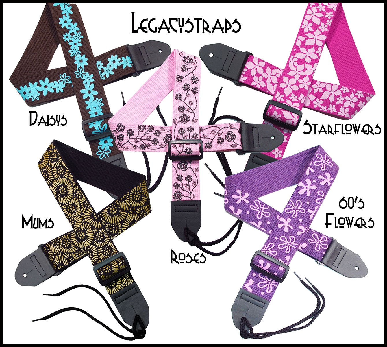 Legacystraps Girls Flower Guitar Strap - 2'' Cotton with Hot Pink Daisy Flowers on Chocolate Daisy Collection Volume 2 Pinks