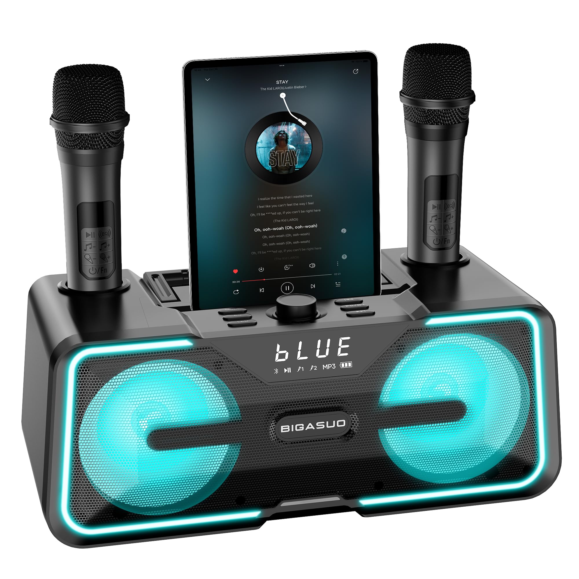 BIGASUO Karaoke Machine for Adults Kids with 2 UHF Wireless Microphones, Portable Bluetooth Singing PA Speaker System with LED L