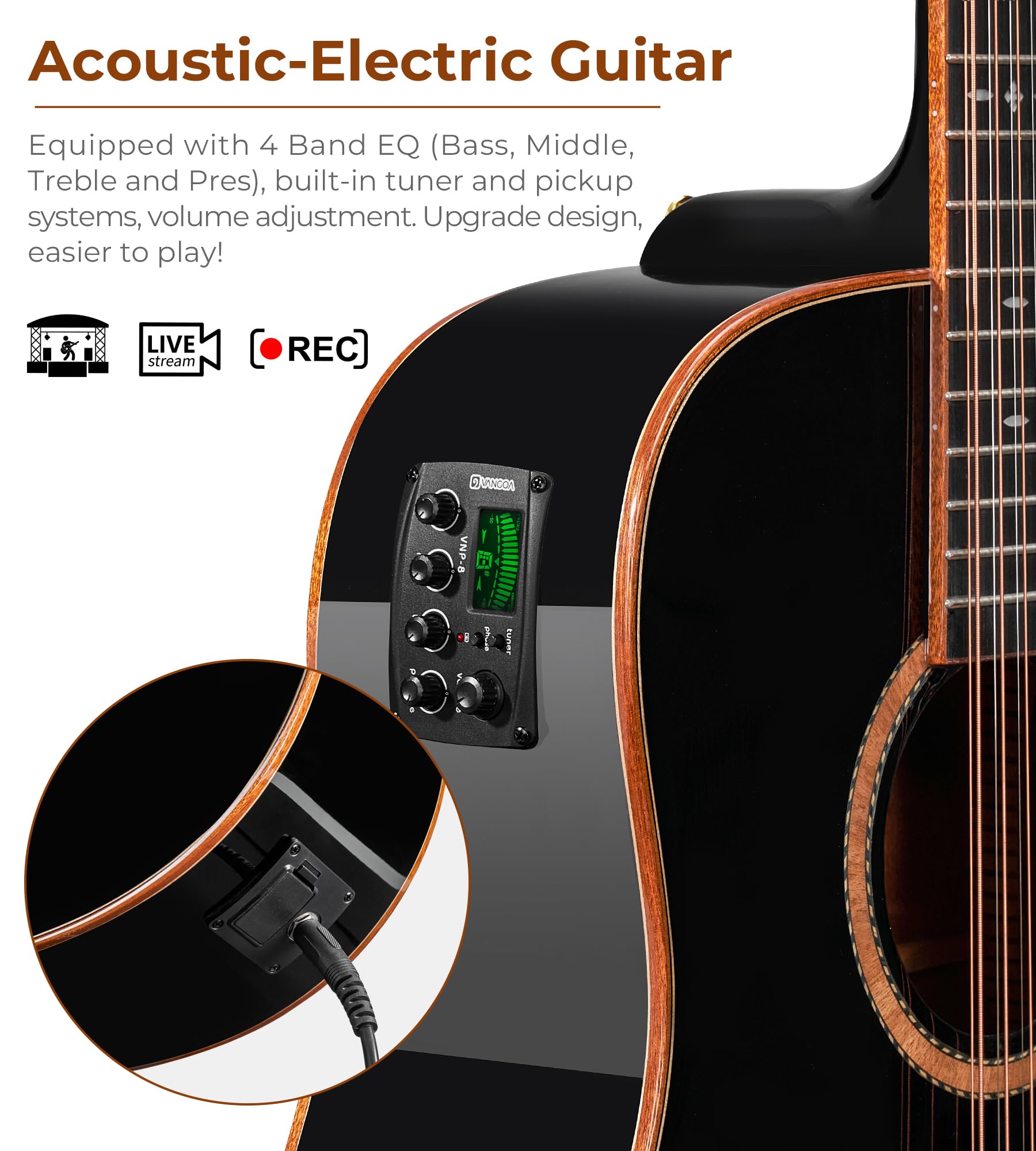 Vangoa Advanced 12 String Guitar Full Size Twelve String Guitar Acoustic Electric 4 Band EQ Electroacoustic Guitar Set for Begin