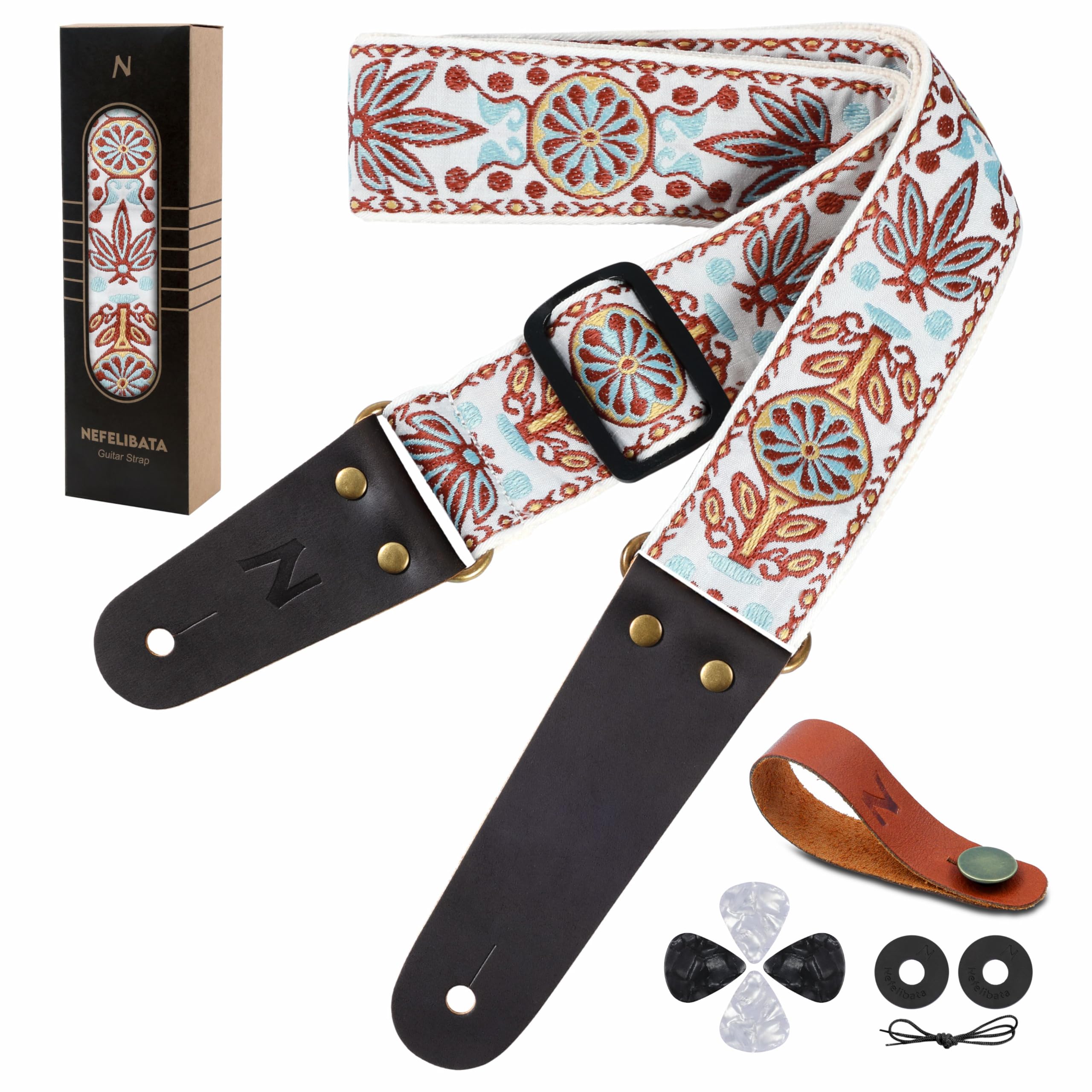 Nefelibata Guitar Strap - Vintage Embroidered Cotton Guitar Straps With Genuine Leather Ends For Bass, Electric & Acoustic Guita