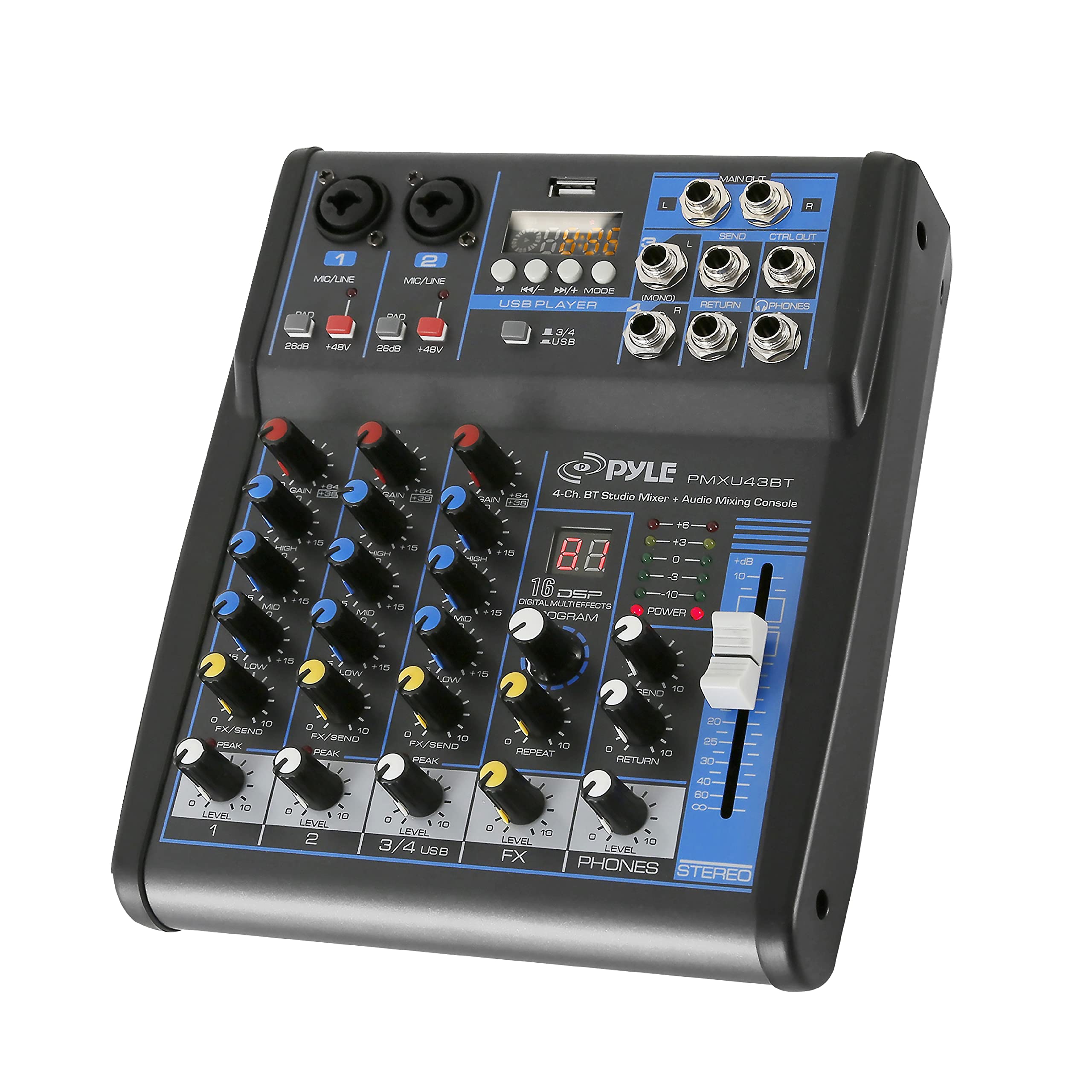 Pyle Professional Audio Mixer Sound Board Console System Interface 4 Channel Digital Usb Bluetooth Mp3 Computer Input 48V Phanto