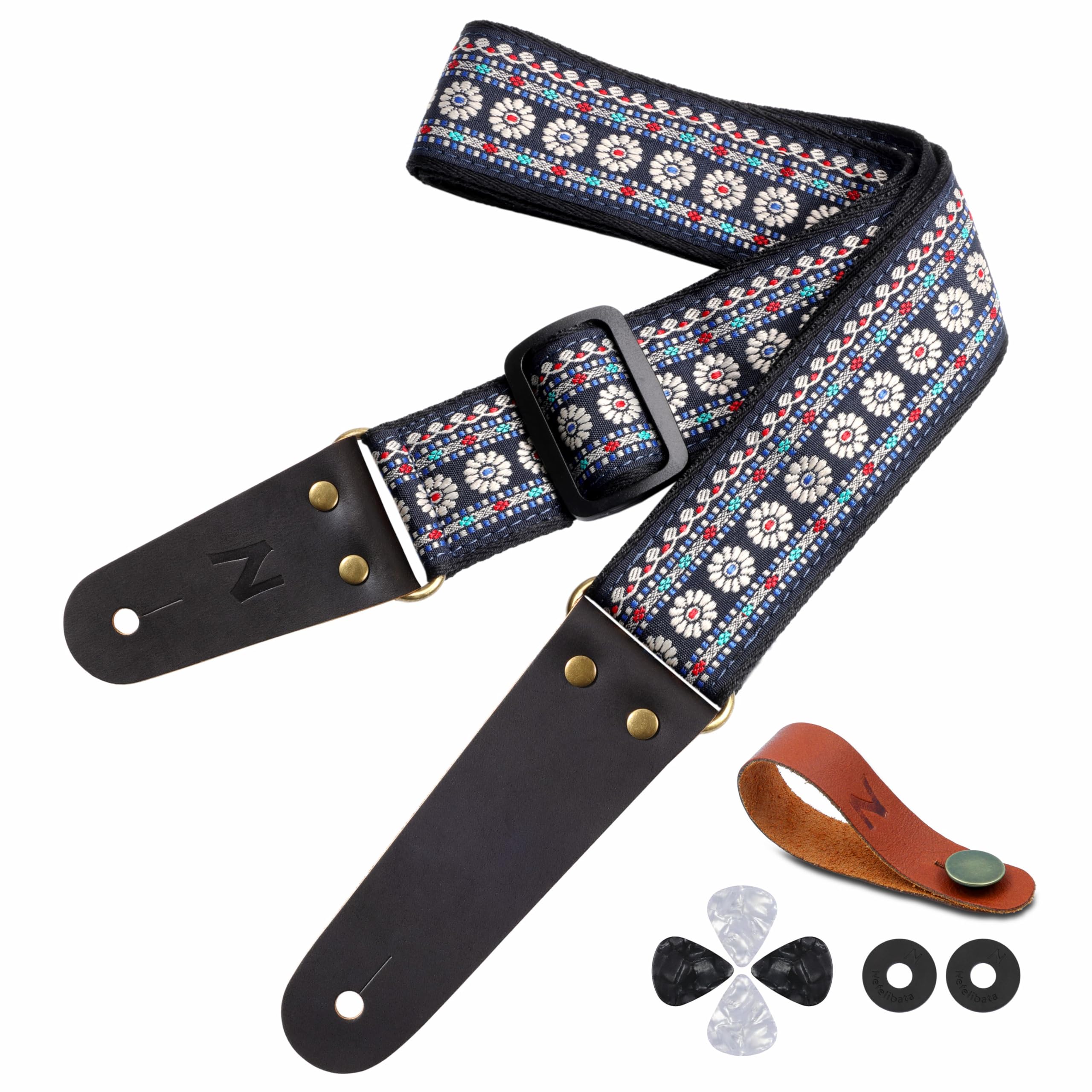 Nefelibata Guitar Strap,Vintage Nylon Jacquard Guitar Straps With Genuine Leather Ends For Bass,Electric,Acoustic Guitar,Come Wi