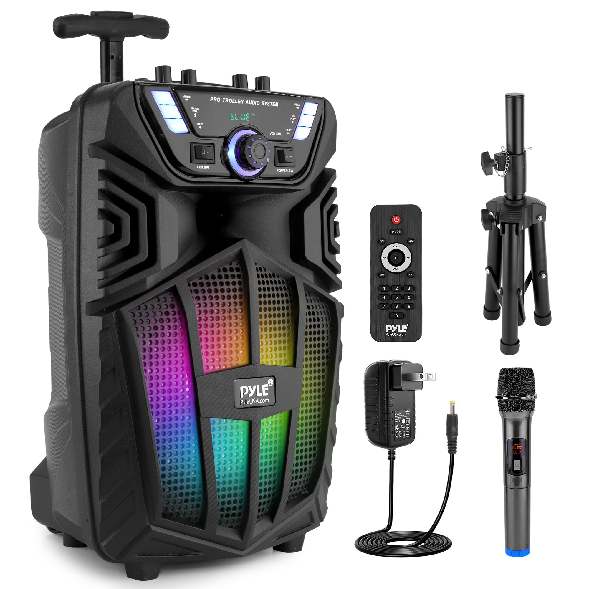Pyle 480W Portable Bluetooth PA Speaker - 8    Rechargeable Outdoor Karaoke Speaker, Audio System w/Wireless Mic and Wheels, TWS