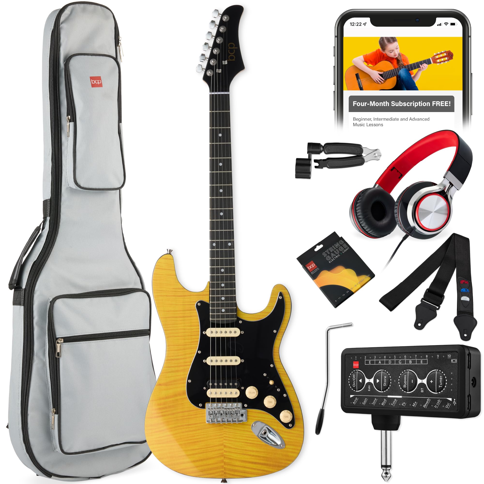 Best Choice Products Beginner HSS Electric Guitar Kit w/Headphone Amp, Padded Gig-Bag, Headphones, Guitar Strap - Natural Flamet