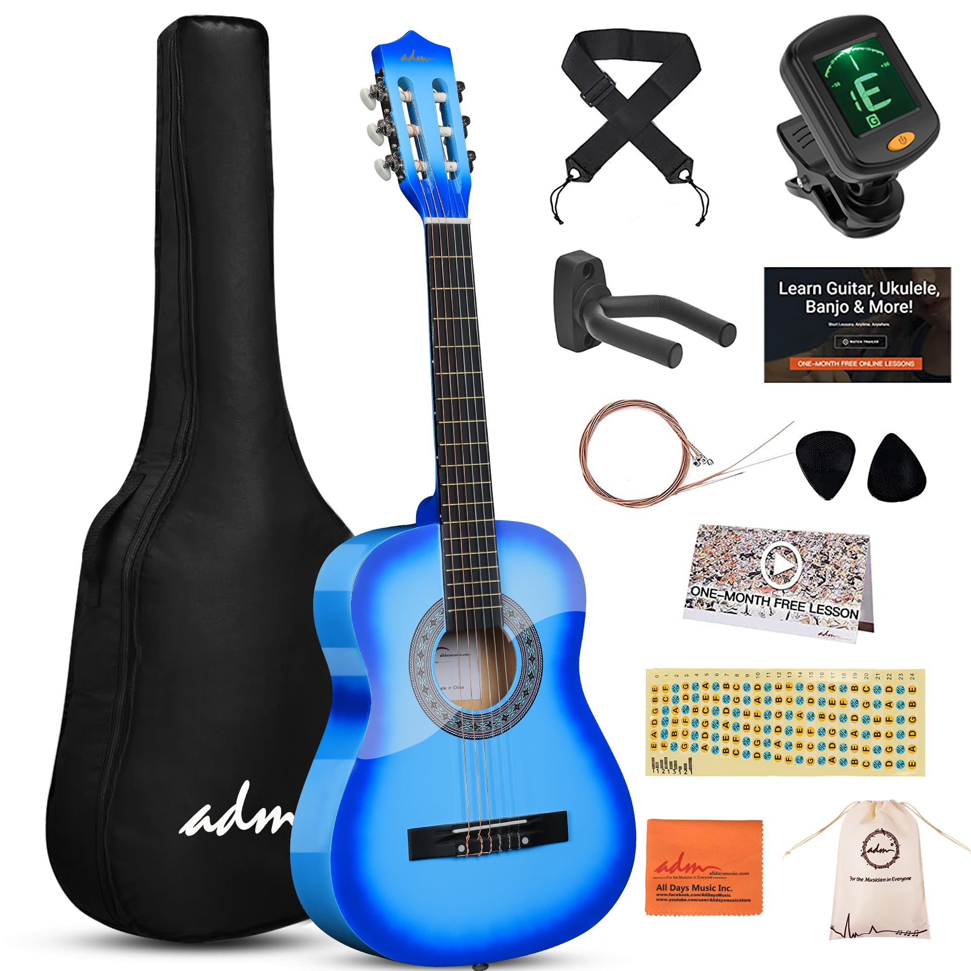 Adm Beginner Acoustic Classical Guitar 34 Inch Nylon Strings Wooden Guitar Bundle Kit For Kid Boy Girl Student Youth Guitarra On