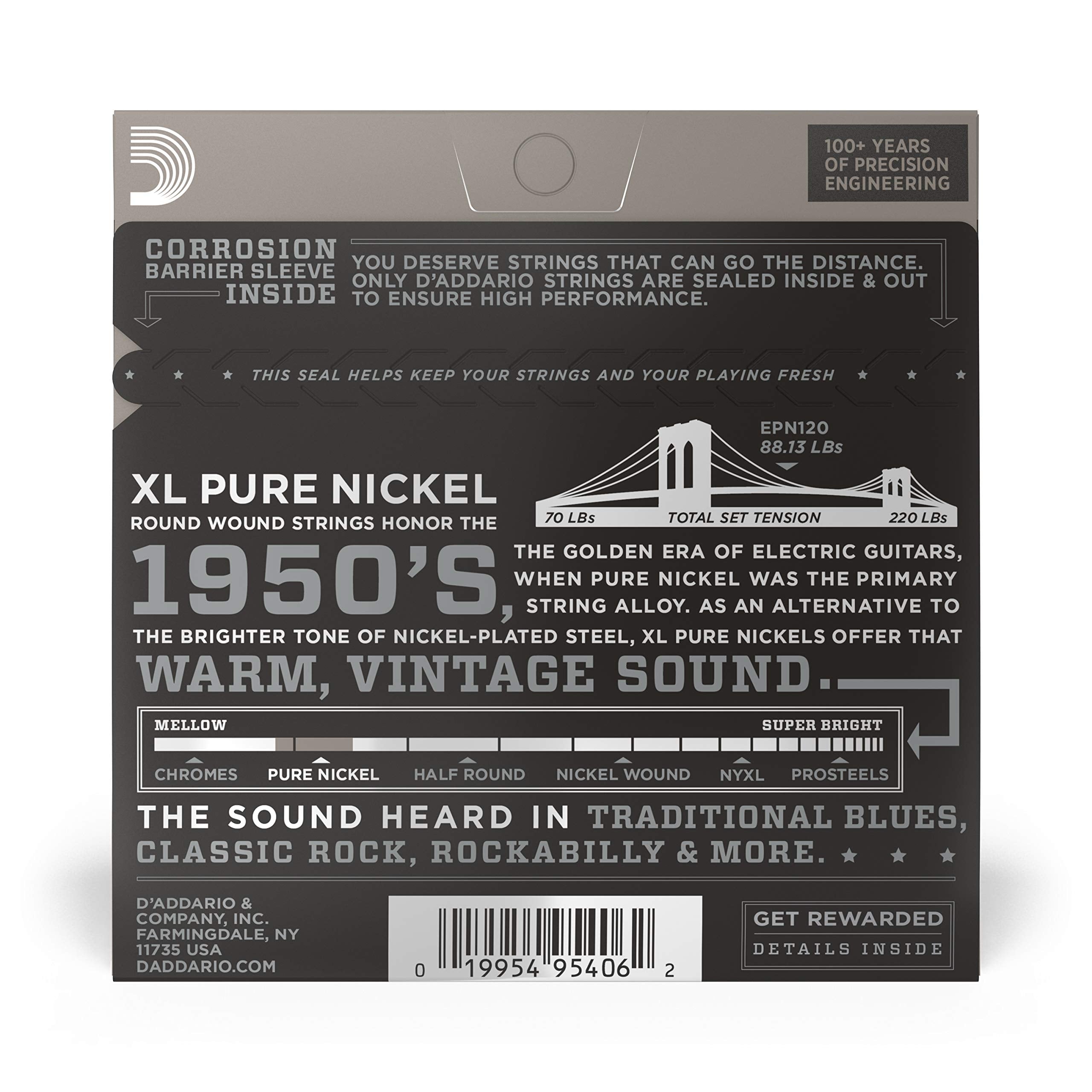 D'Addario Guitar Strings - XL Pure Nickel Electric Guitar Strings - Round Wound - Warm, Bright, Vintage Sound - EPN120 - Super L
