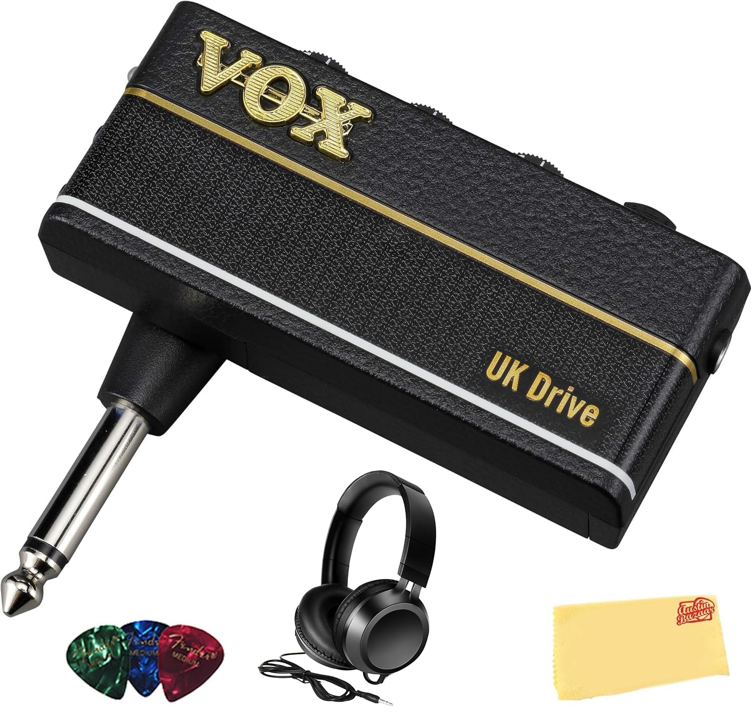 Vox AmPlug 3 Headphone Guitar Amplifier - UK Drive Bundle with Headphones, Guitar Picks, and Austin Bazaar Polishing Cloth