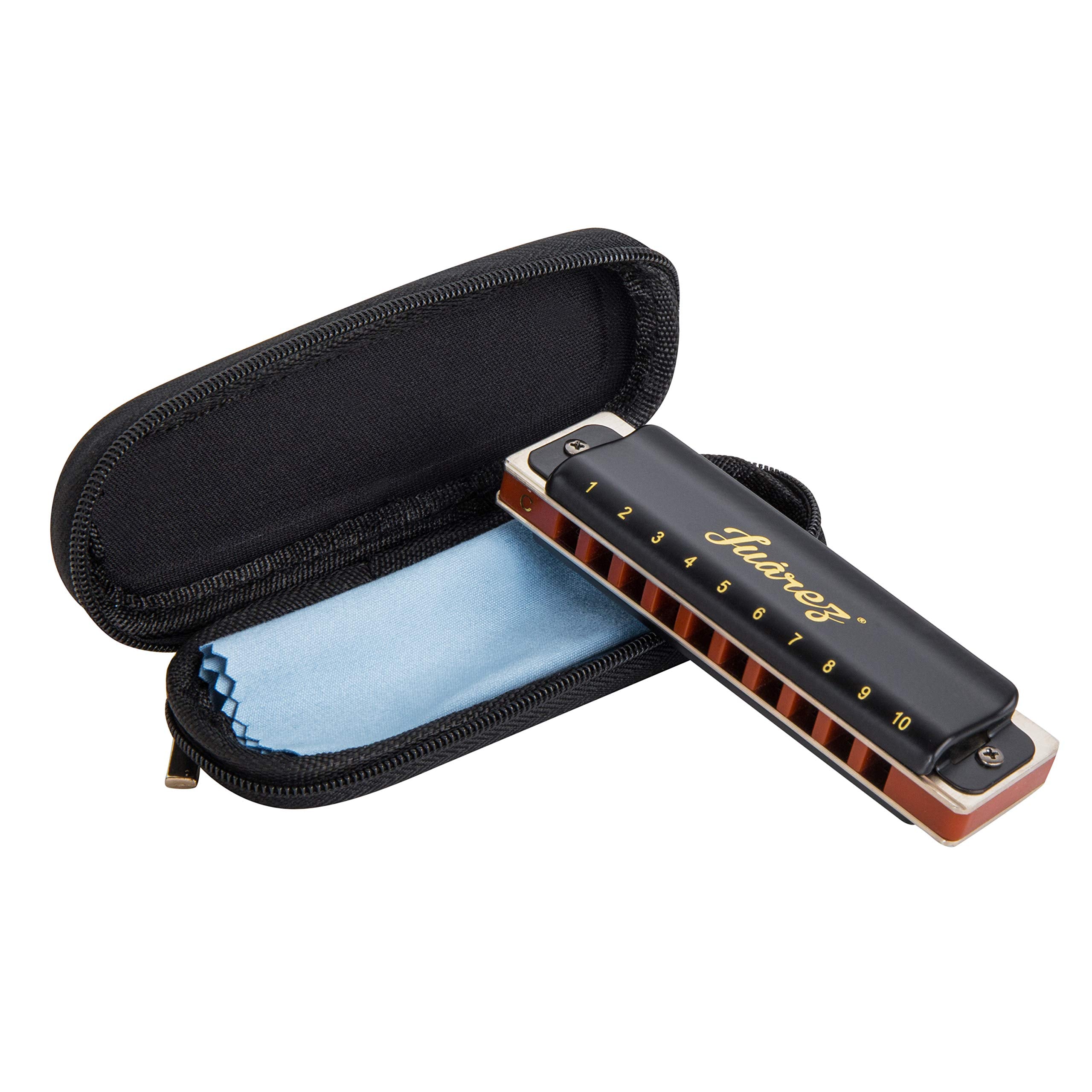 Juarez Blackbird Jrh10Bk Diatonic Professional Blues Harmonica Key Of C Scale | 10 Holes 20 Tones | Mouth Organ | Cover - Brass 