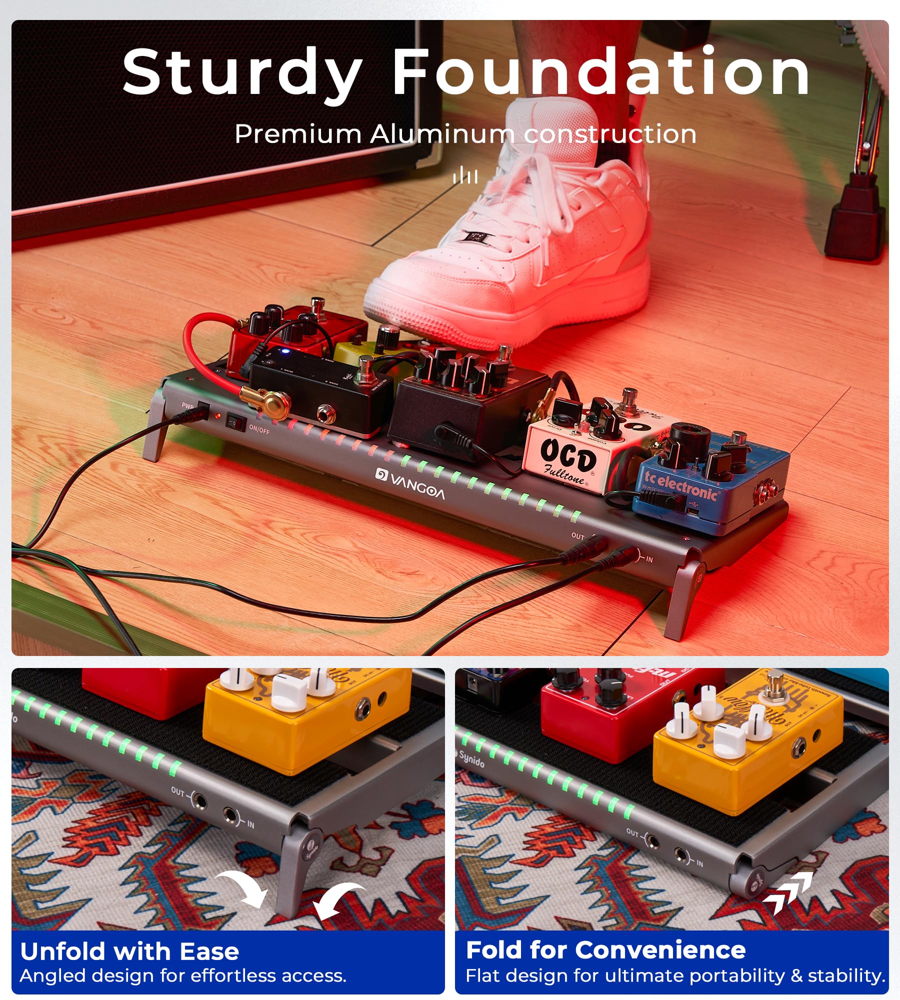 Vangoa Guitar Pedal Board with Built-in Isolated Power Supply, VPPD-S Aluminum Small Portable Folding Powered Guitar Pedalboard