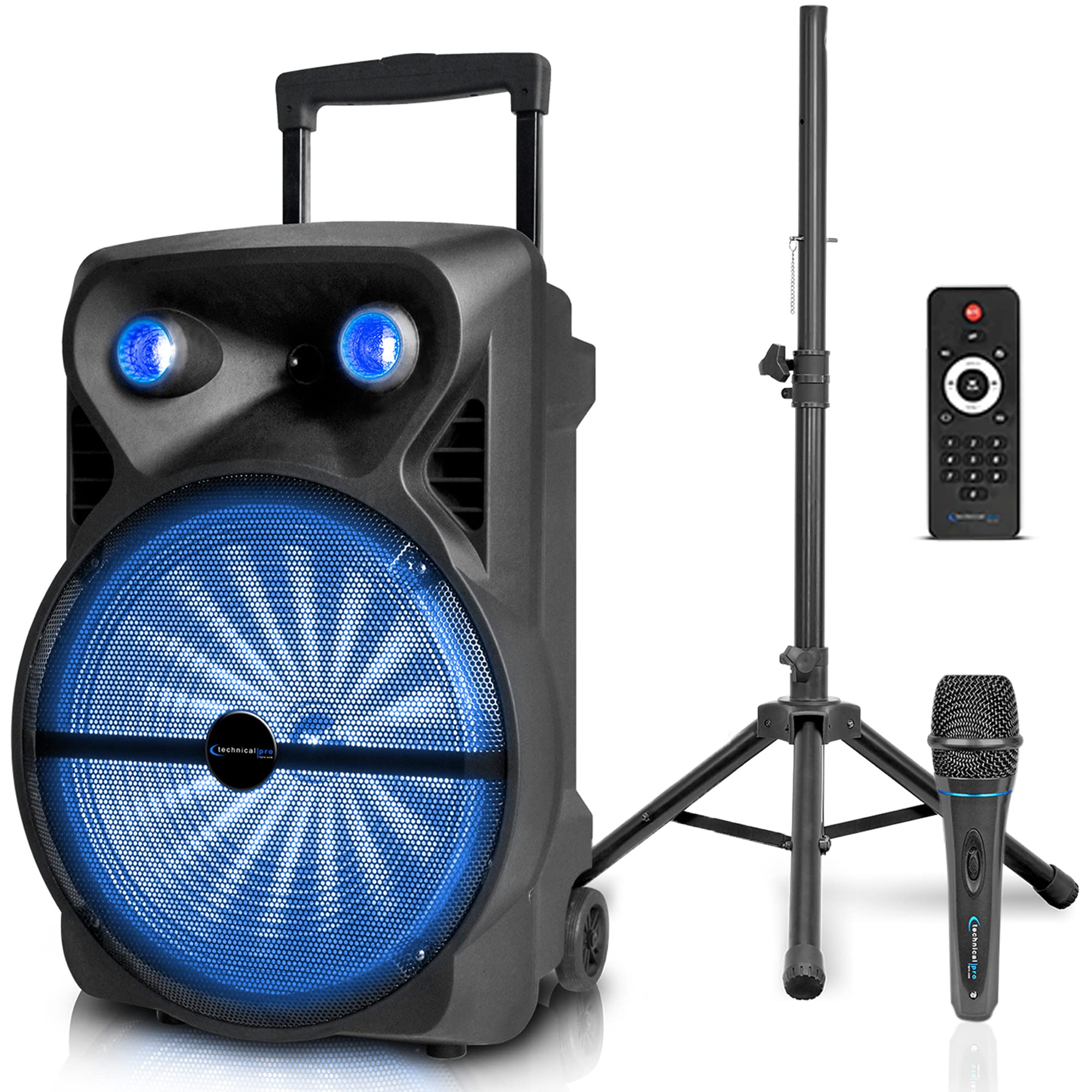 1600 Watts Bluetooth Speaker With Tripod, Wired Microphone & Remote Control | Rechargeable 15'' Two Way Bluetooth Dj Light Speak