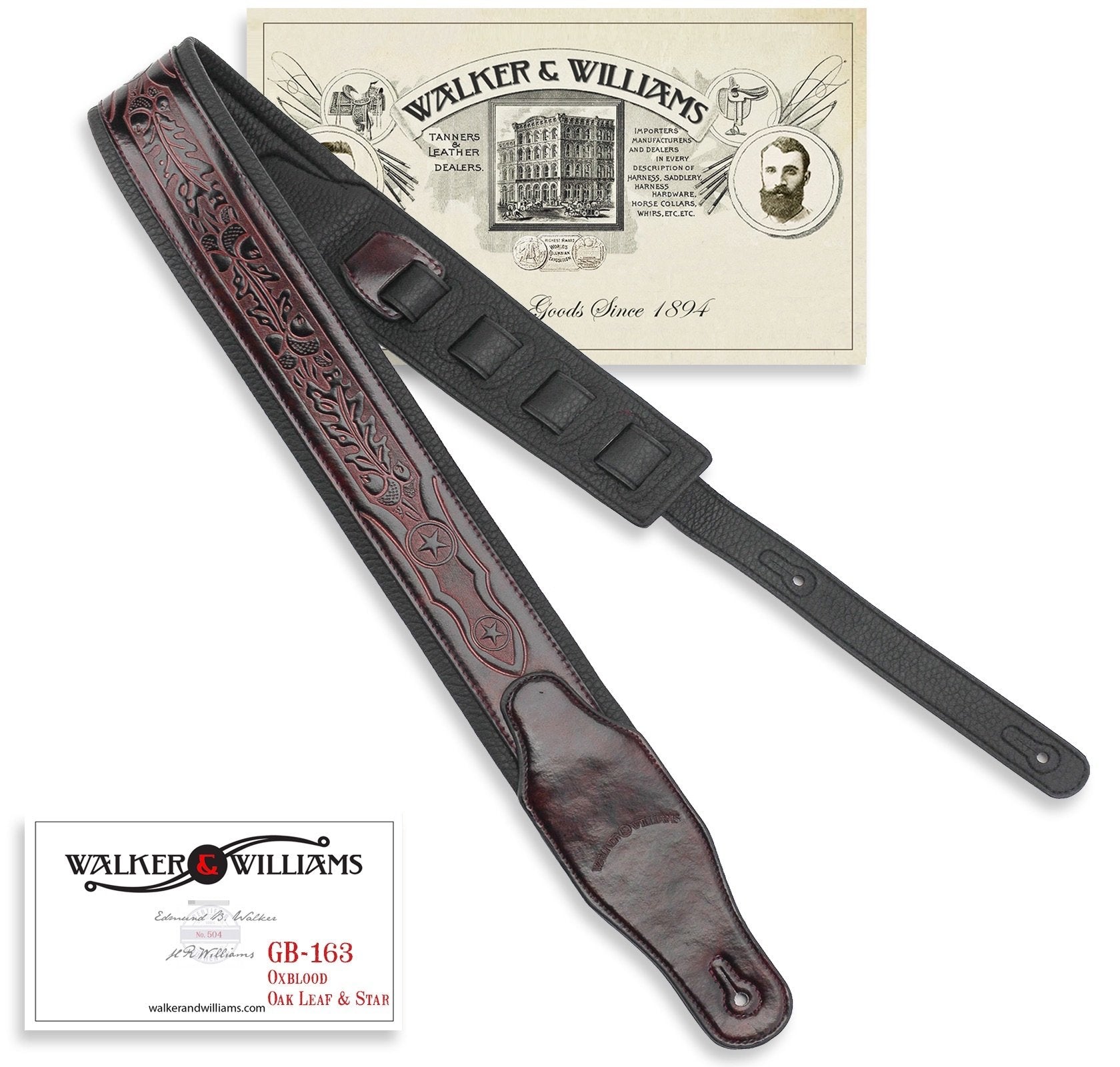 Walker & Williams Gb-163 Oxford Brown Handmade Padded Guitar Strap With Oak Leaves & Texas Star Tooling For Acoustic, Electric,