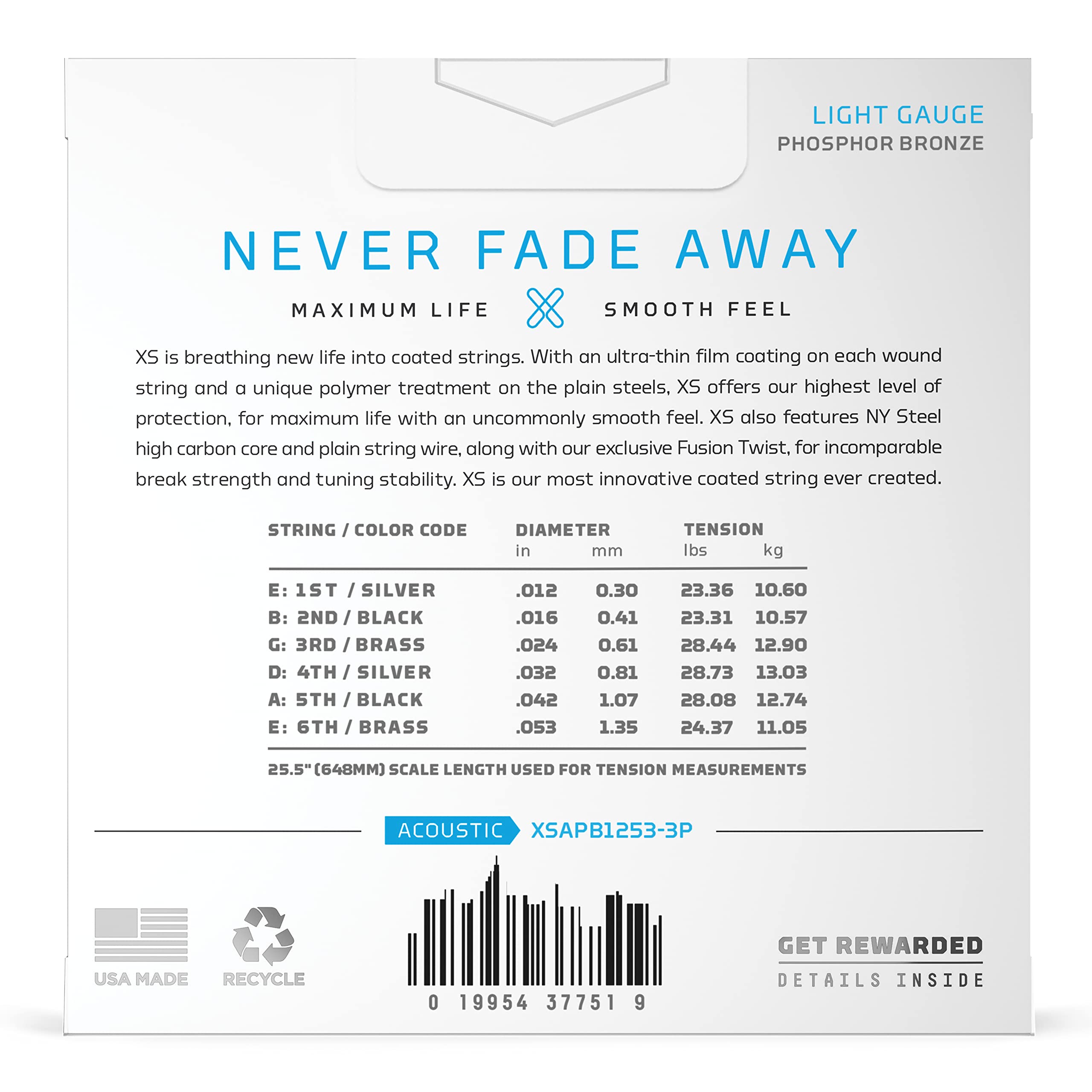 D'Addario Guitar Strings - XS Phosphor Bronze Coated Acoustic Guitar Strings - XSAPB1253-3P - Maximum Life with Smooth Feel & Ex