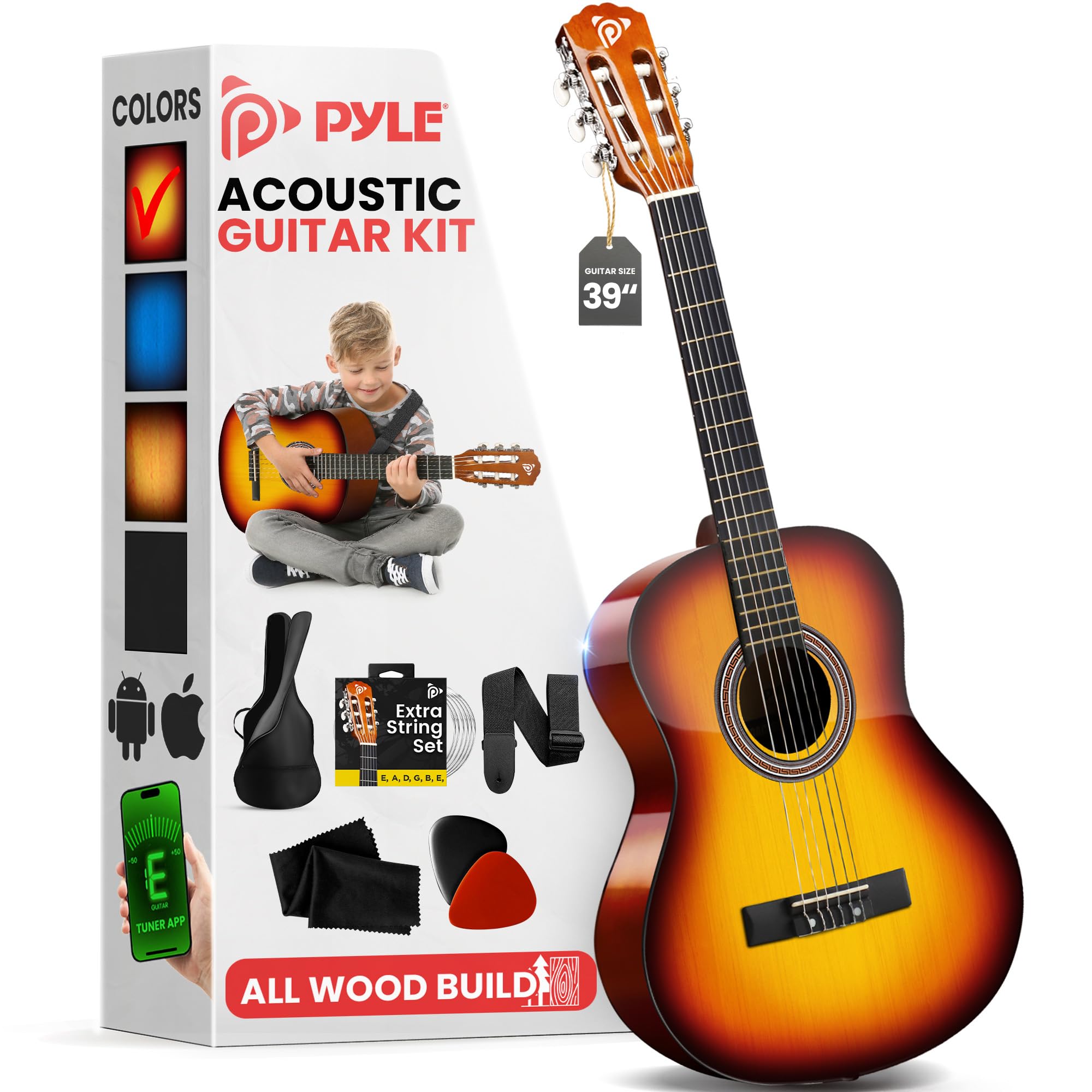 Pyle Beginner Acoustic Guitar Kit, 4/4 Full Size All Wood Instrument For Beginners, Adults, 39'' Brown Gloss