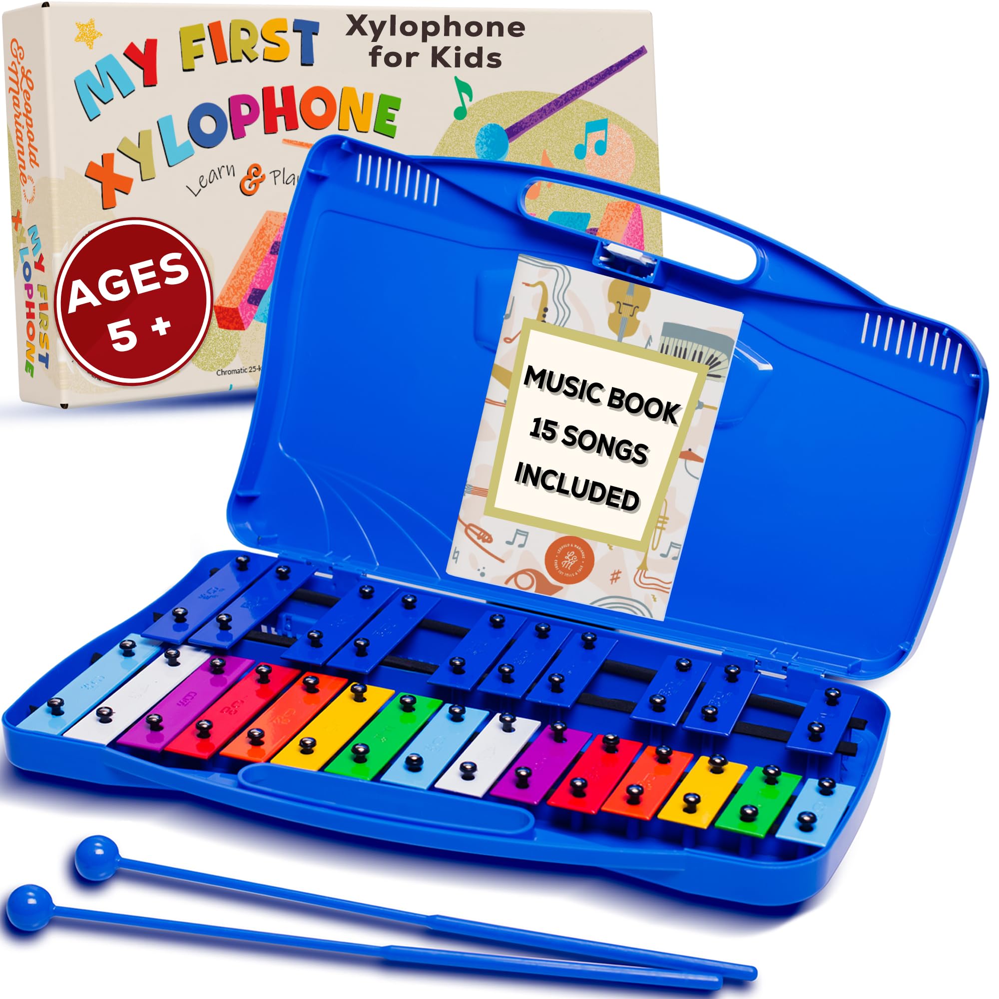 Leopold & Marianne | Xylophone for Kids Ages 5-9 | Kids Musical Instrument | Glockenspiel 25 Notes Chromatic | Color Metal Keys 