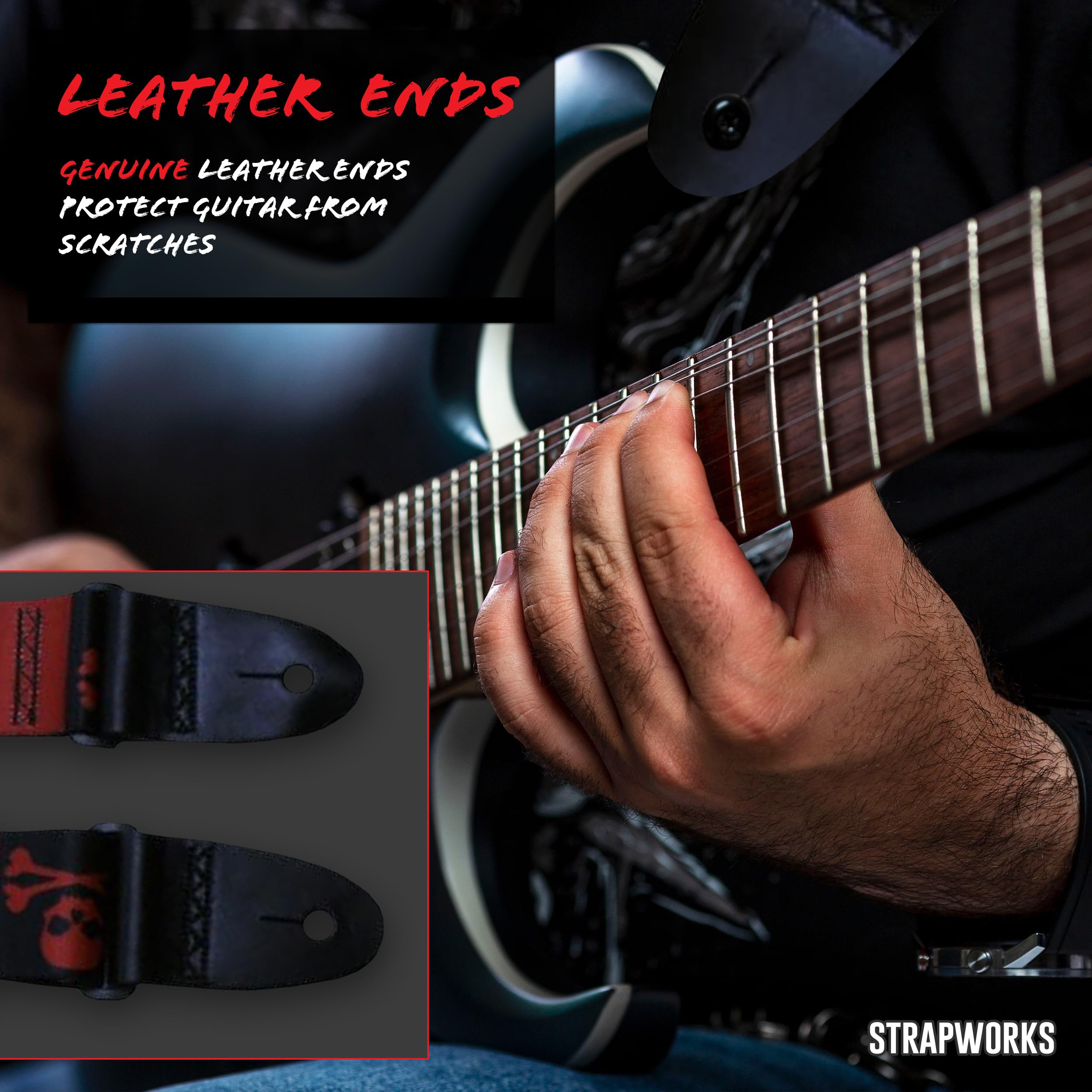 Killer-Q Guitar Strap - Stylish Straps for Electric and Acoustic Guitars With Leather Tabs, 2 Inches x 5 Feet, Jolly Roger Red