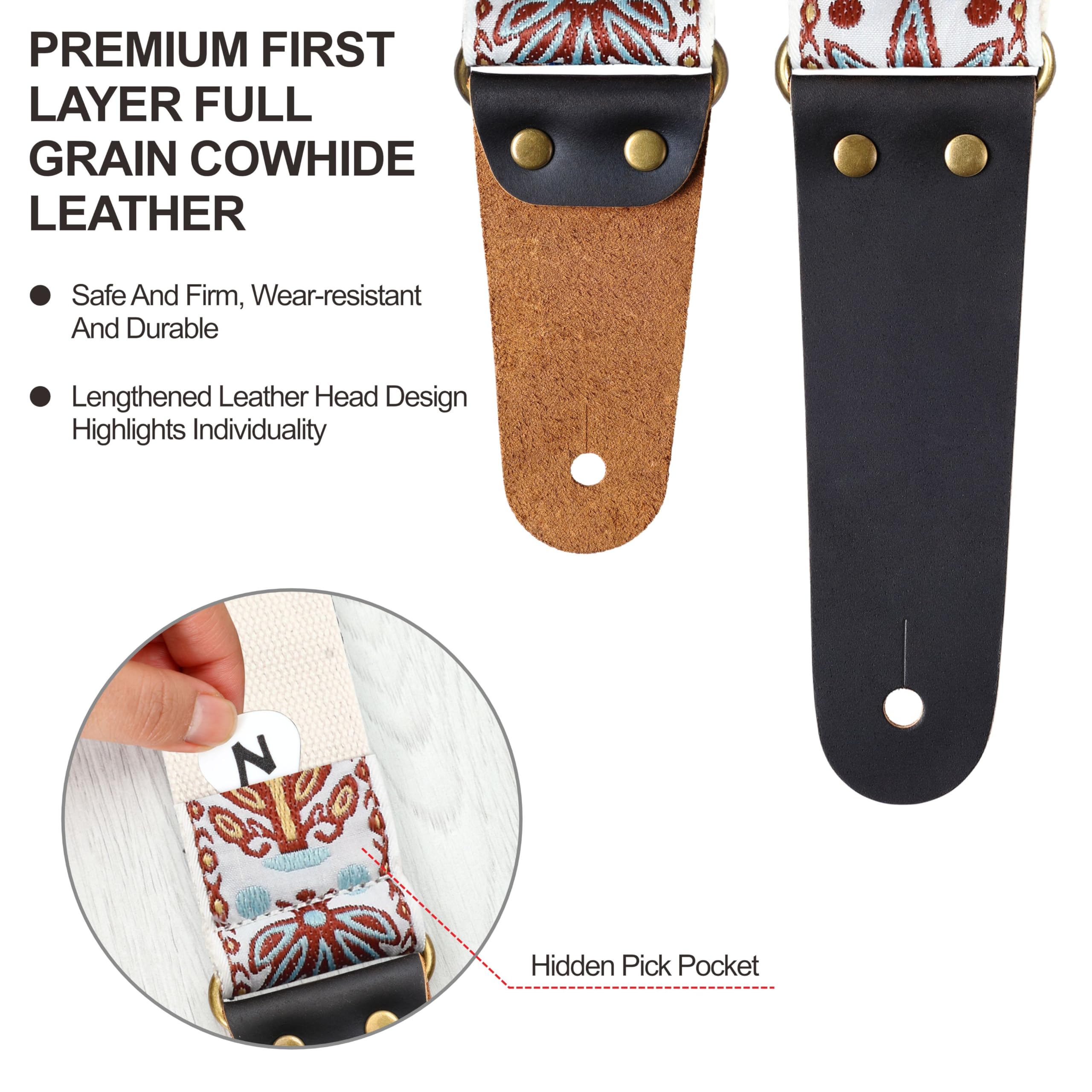 Nefelibata Guitar Strap - Vintage Embroidered Cotton Guitar Straps with Genuine Leather Ends for Bass, Electric & Acoustic Guita