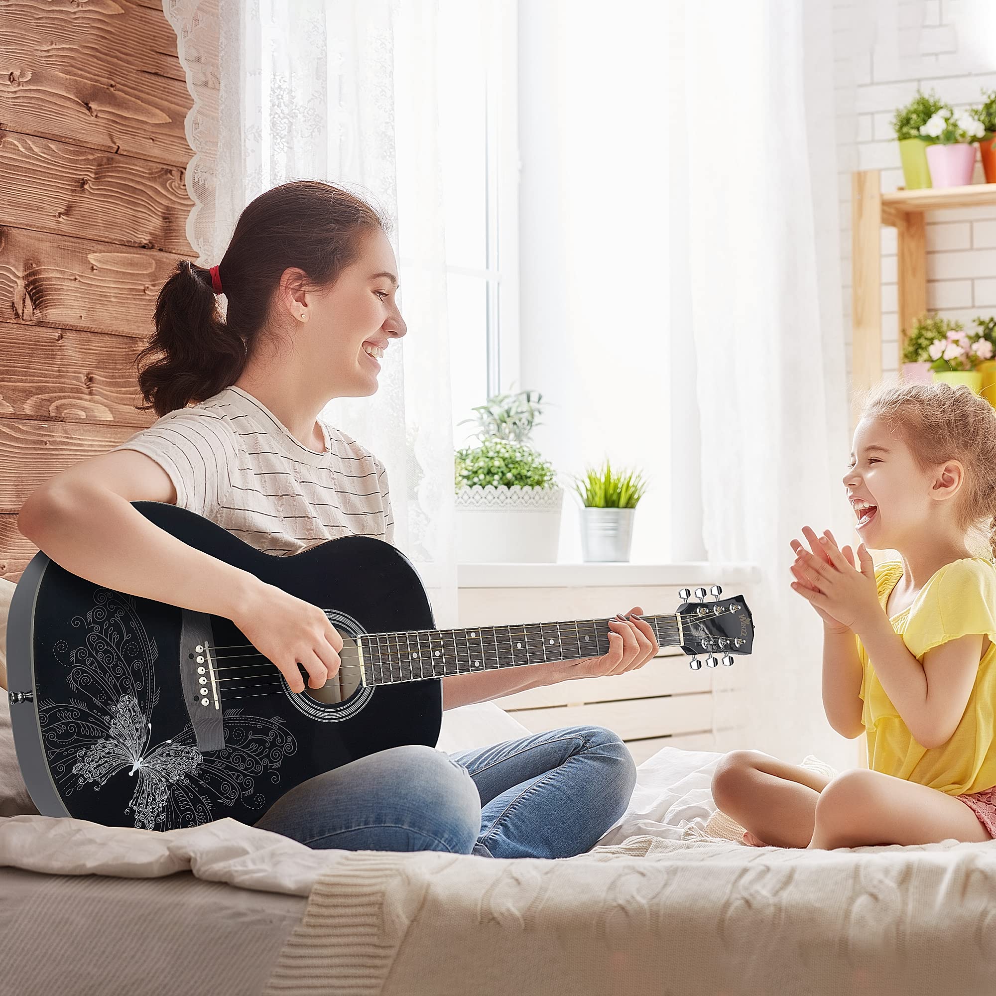 WINZZ AF227A 39 Inches Concert Acoustic Acustica Guitar with Full Kit, Elegant Butterfly