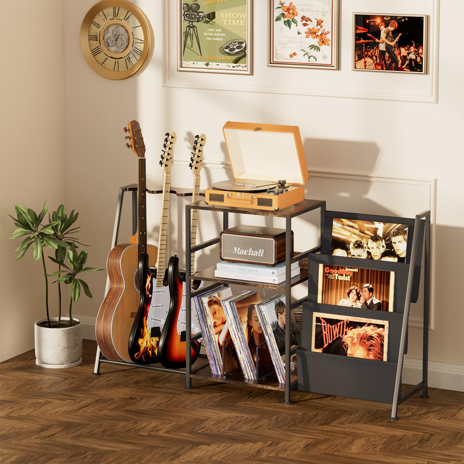 Hosfais Record Player Stand, 3 Tier Guitar Stand for Acoustic, Electric Guitar, Bass Stand, Vinyl Record Storage Up to 250 Album
