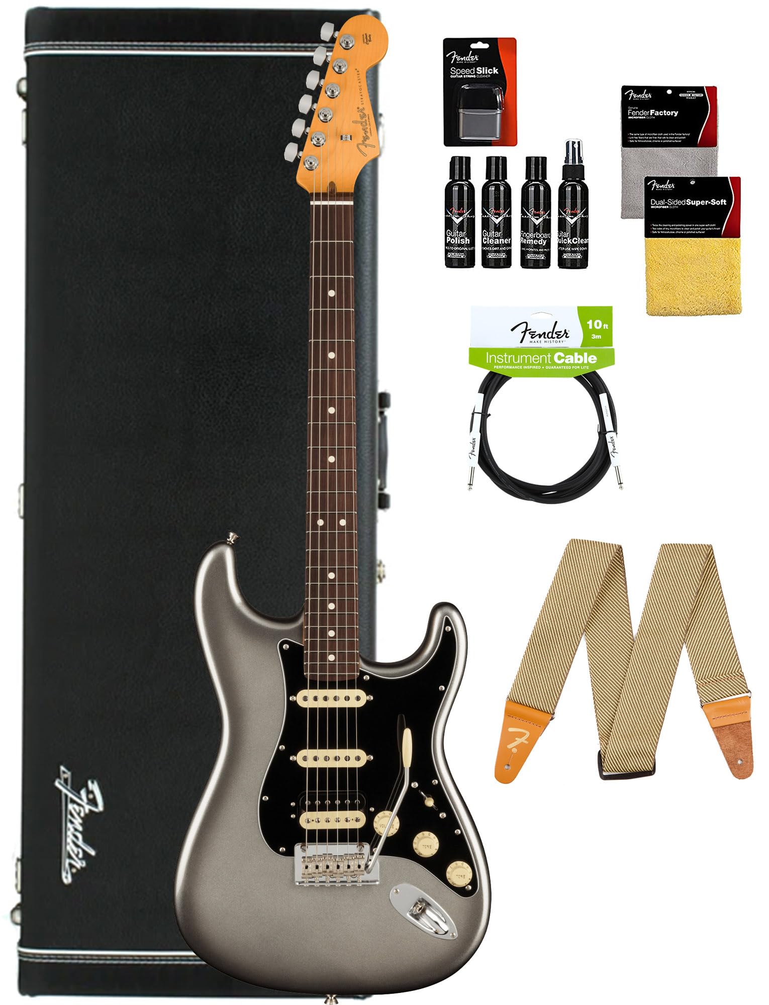 Fender American Professional Ii Stratocaster Hss - Mercury Bundle With Case, Strap, Cable, And Guitar Cleaning Kit