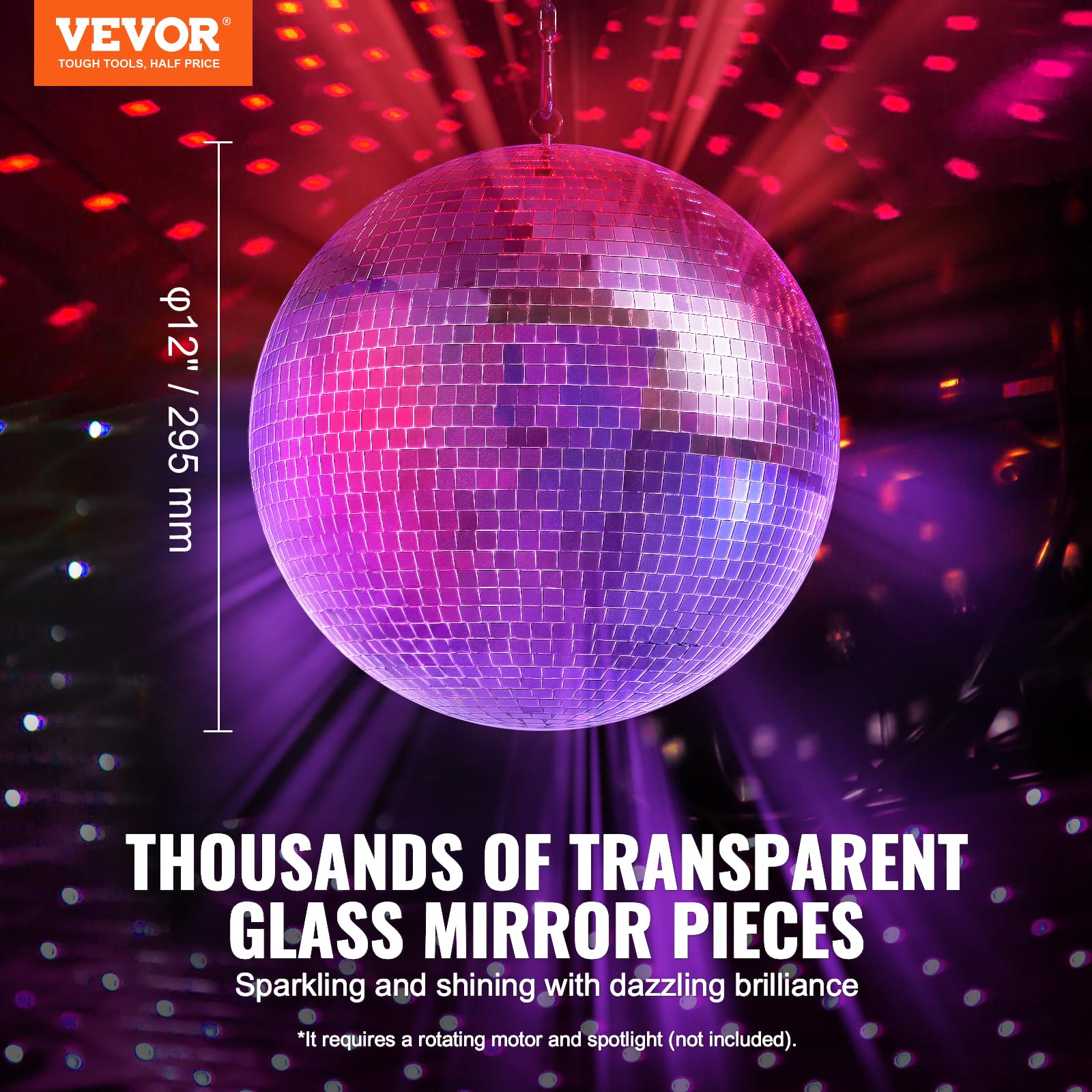 VEVOR Mirror Disco Ball, 12 Inch Mirror Ball with Hanging Ring, Lightning Disco Ball Party Decorations, Ideal for DJ Club, Stage