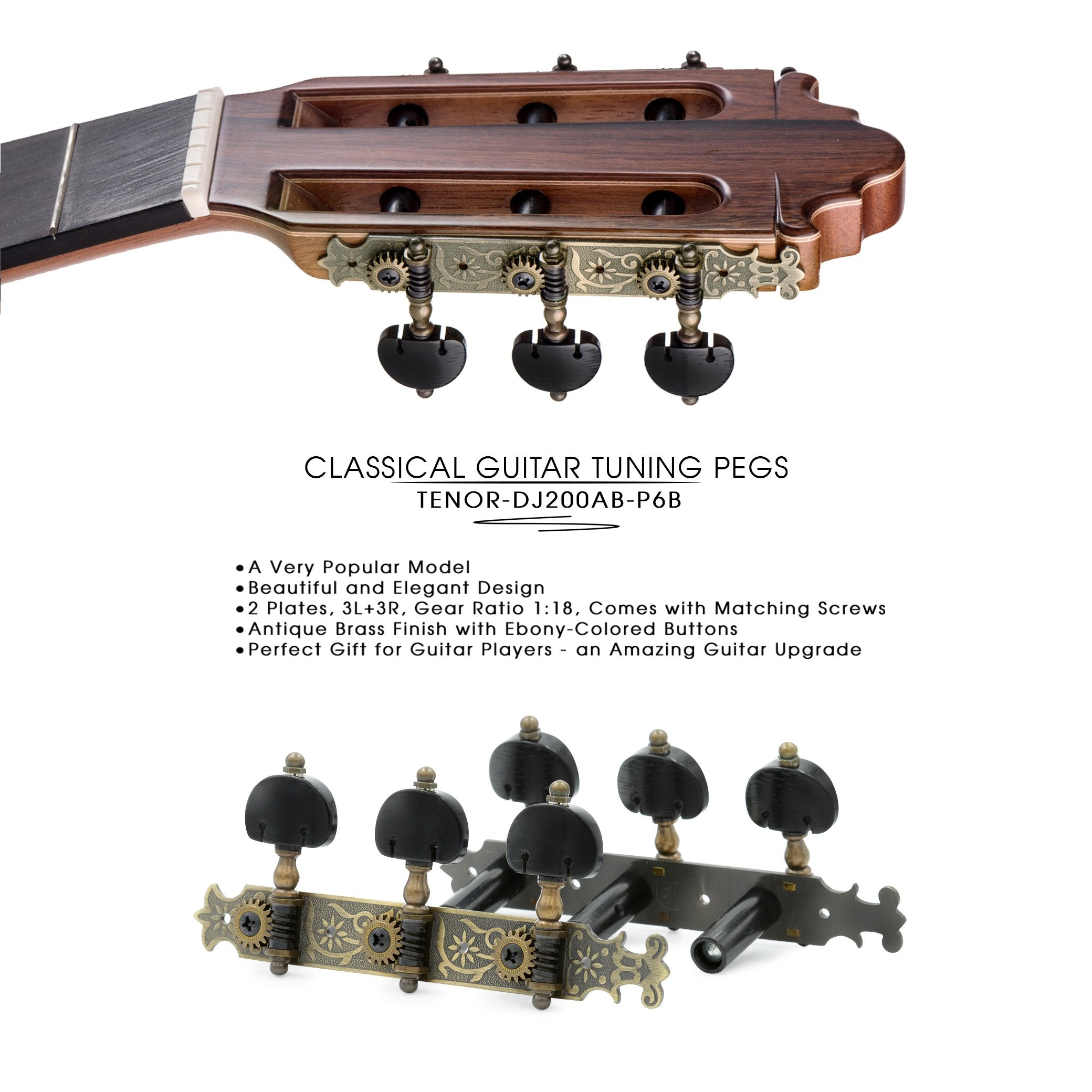 DJ200AB-P6B TENOR Classical Guitar Tuners Professional Tuning Key Pegs/Machine Heads for Classical or Flamenco Guitar in Antique