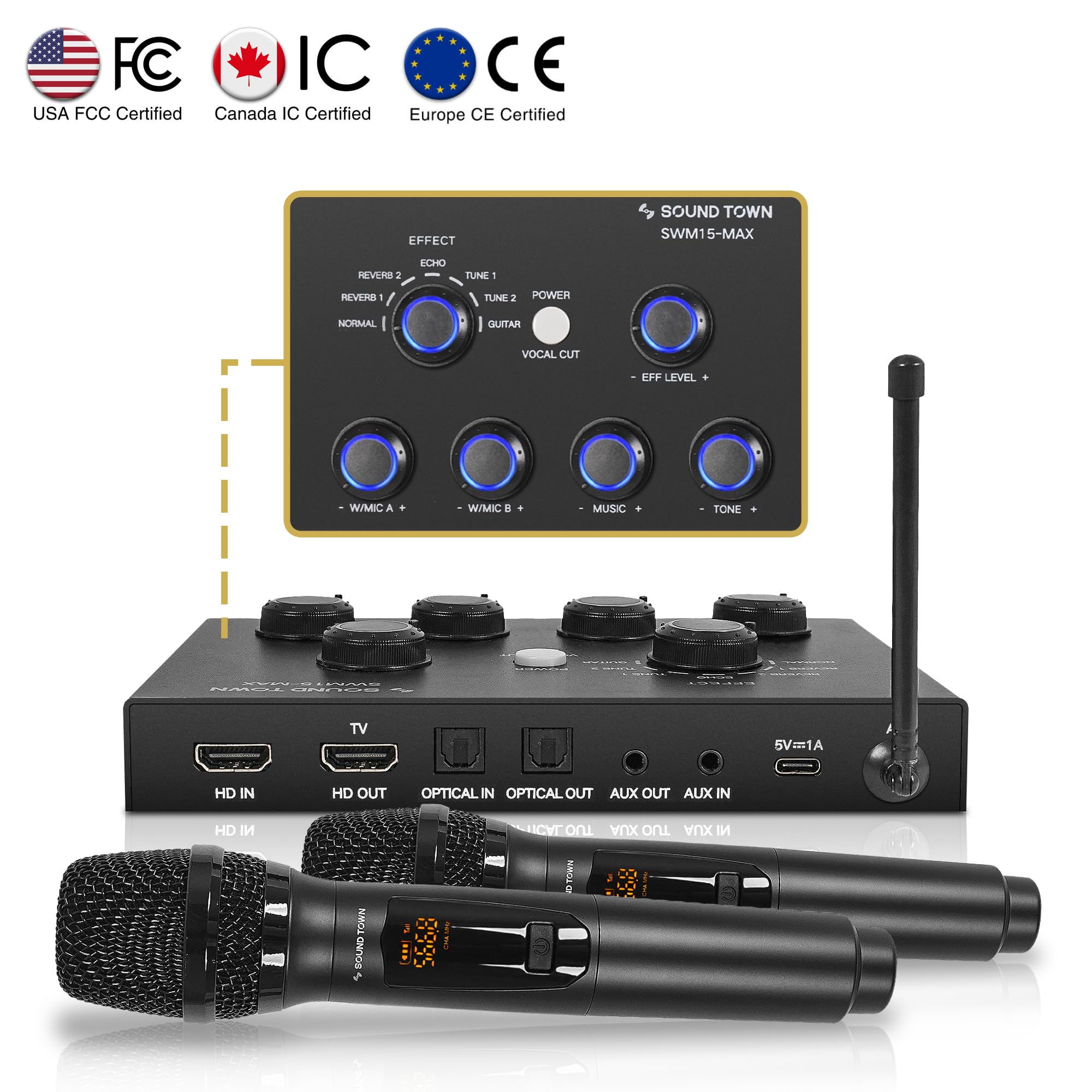 Sound Town 16 Channels Wireless Microphone Karaoke Mixer System w/ 2 Wireless Mics, HD ARC, Optical (Toslink), AUX, Supports Sma