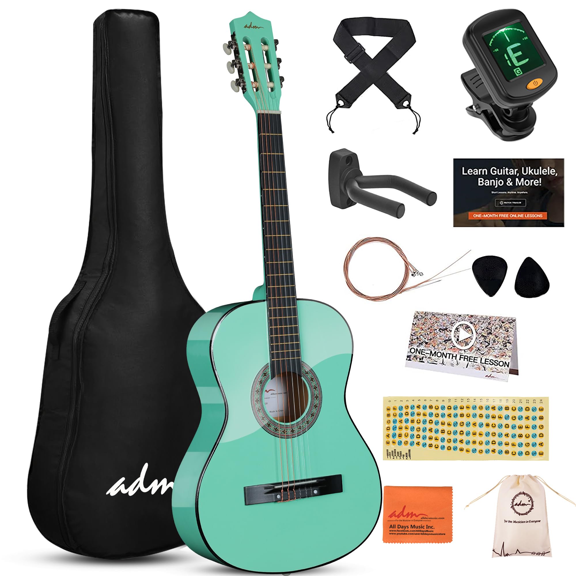 Adm Beginner Acoustic Classical Guitar 38 Inch Nylon Strings Wooden Guitar Bundle Kit For Kid Boy Girl Student Youth Guitarra On