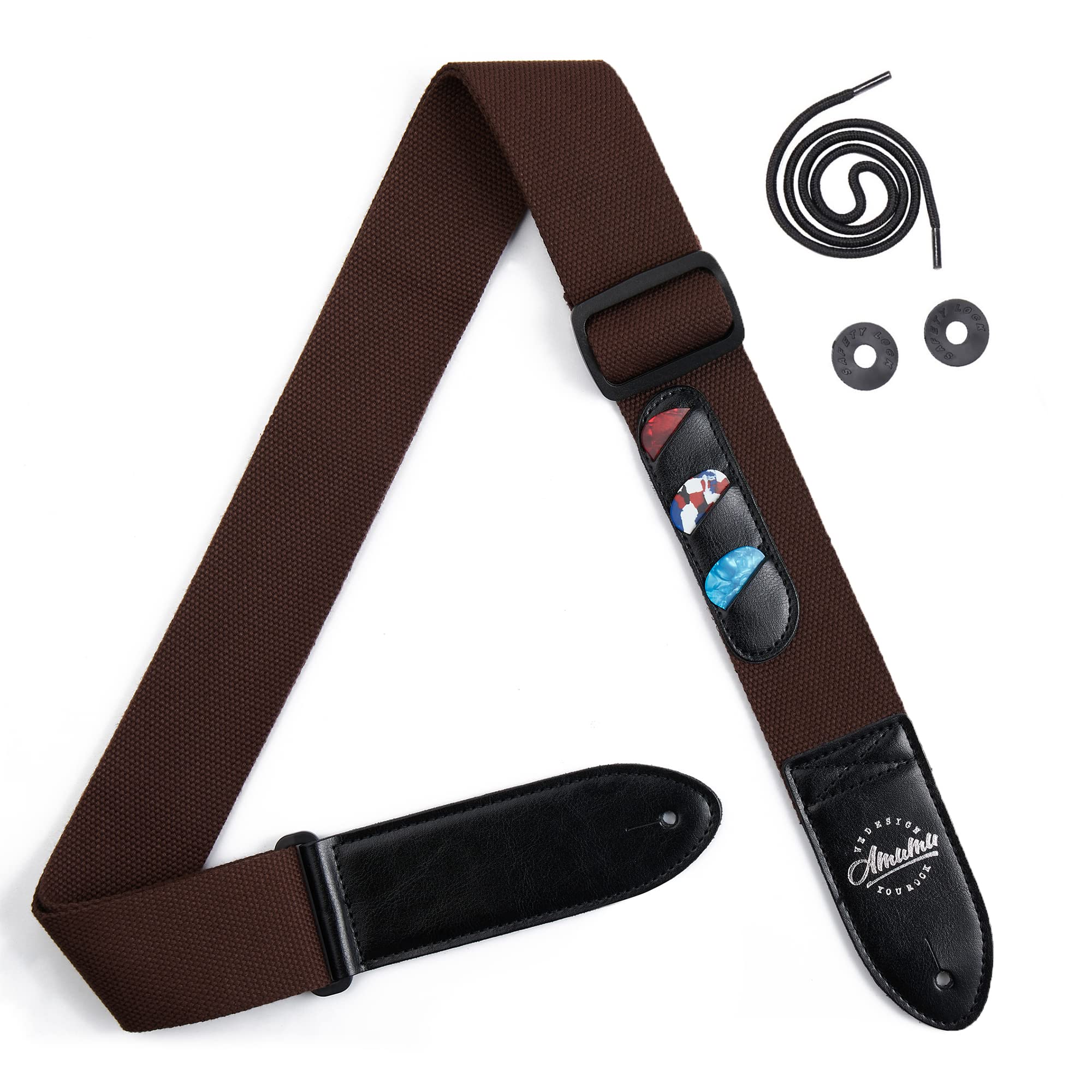 Amumu Guitar Strap Soft Cotton With 3 Pick Holders For Electric, Acoustic, Bass Guitar - Brown