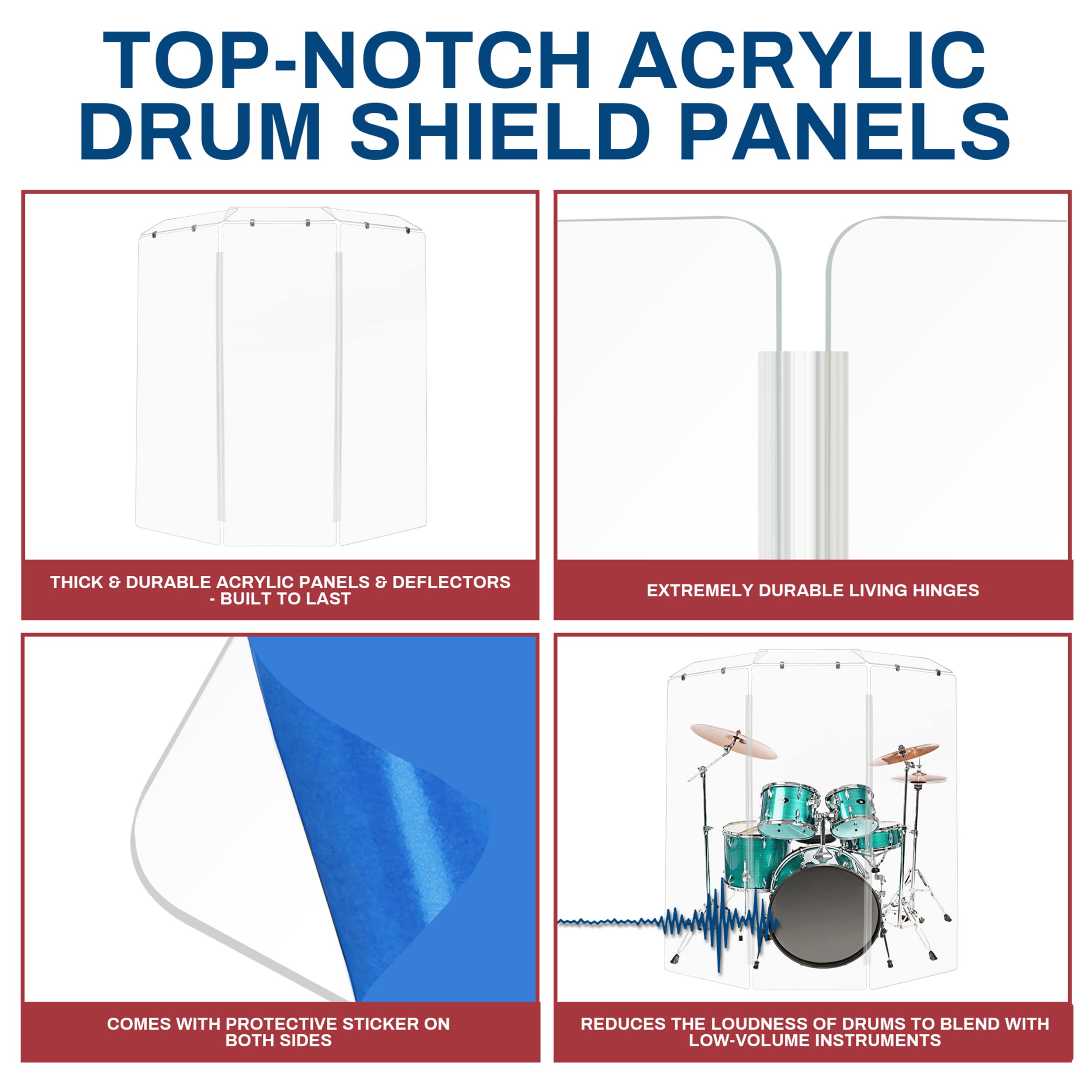 PENNZONI Drum Shield 6ft w/Deflector & Plastic Hinges, Comes w/ 3 Drum Panels, Plastic Hinges & Deflector Connectors, Premium Cl