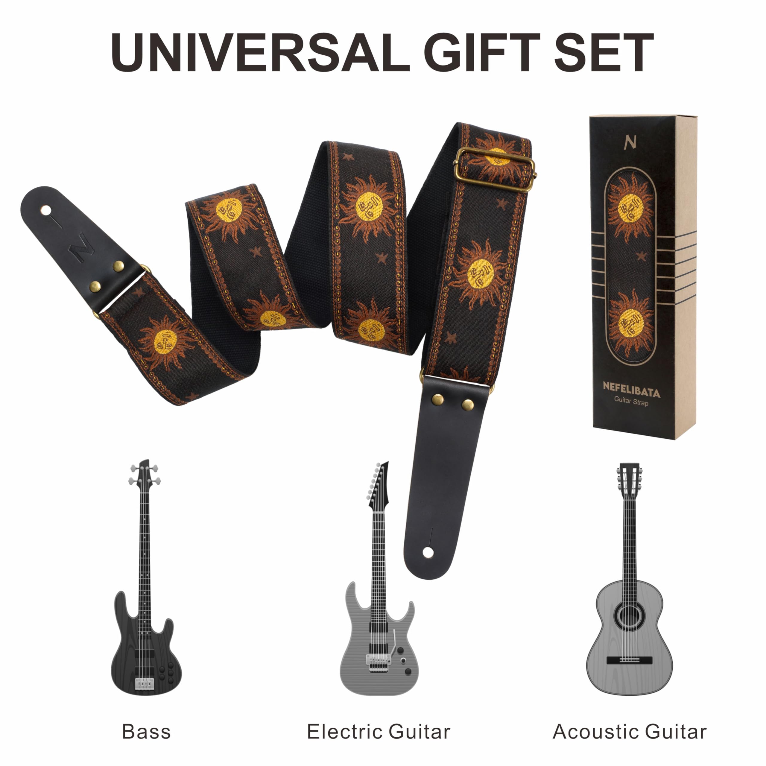 Nefelibata Guitar Strap, Sun Embroidered Cotton Guitar Strap with Head Cowhide Leather Ends for Bass, Electric and Acoustic Guit